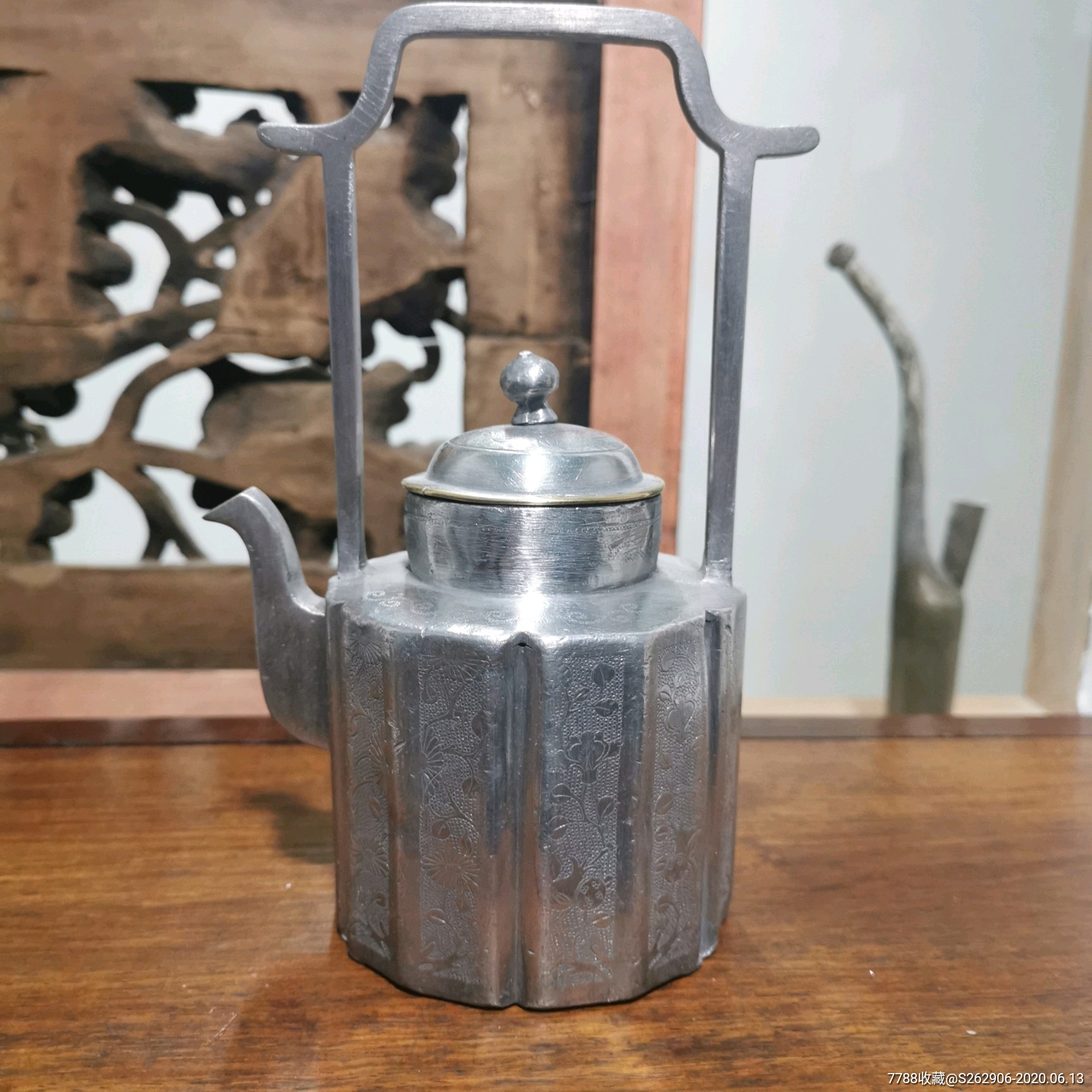 清代高提梁满工珍珠地錾刻八角锡壶锡酒壶白锡茶壶