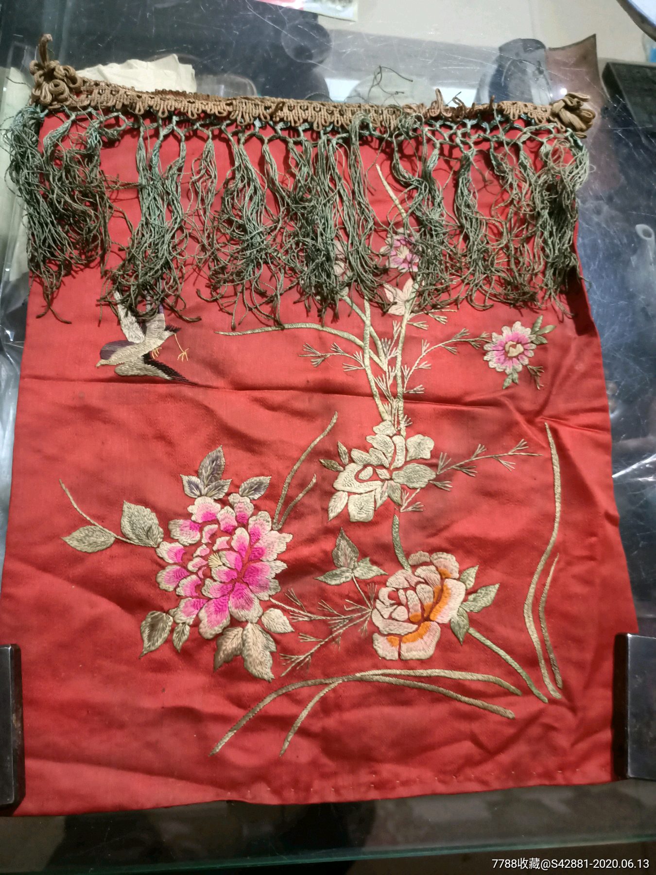 晚清民国刺绣花鸟小门帘.34/28