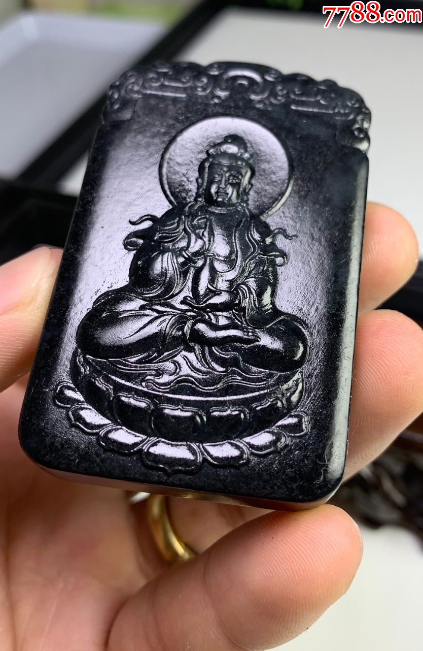 3985和田玉墨玉观音大牌子72克