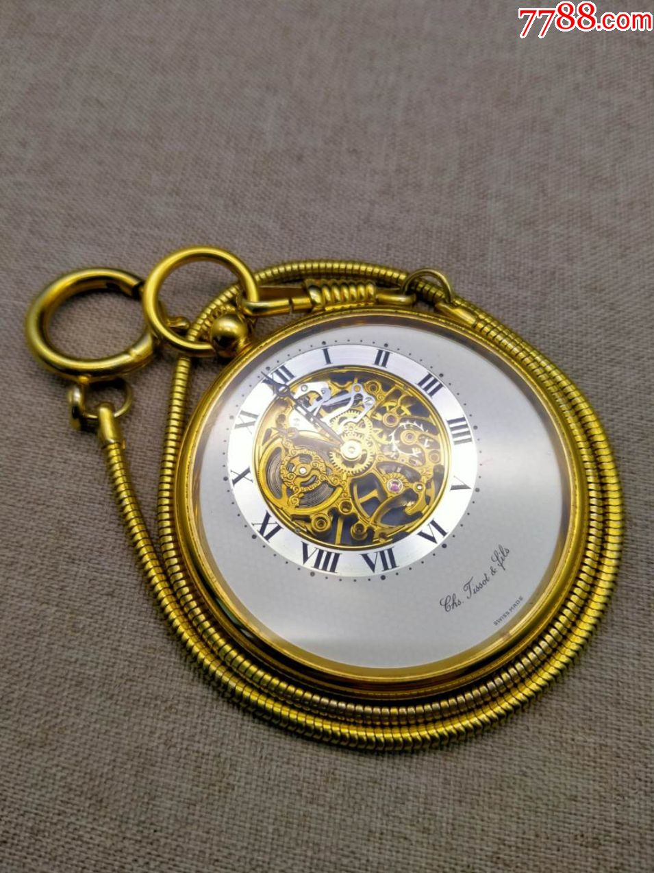 瑞士天梭库存级超薄镂空骷髅款包金怀表