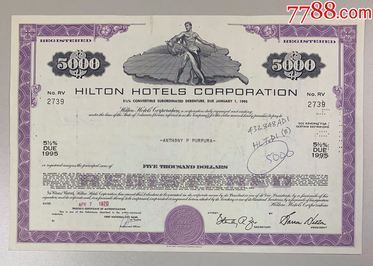百国证券精品:(美国)希尔顿酒店债券紫色5000美元(世界品牌)