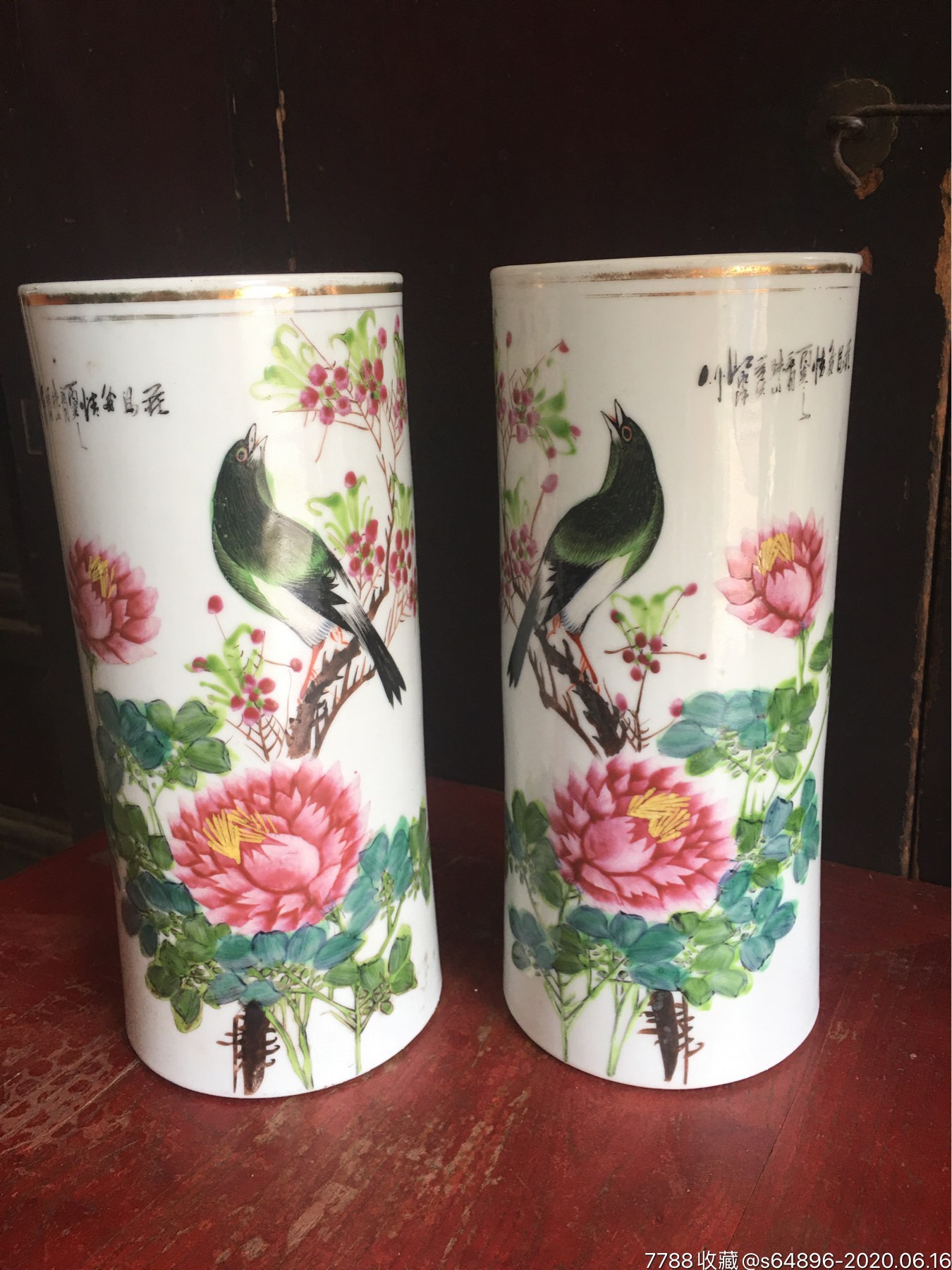 一对清代浅绛名家江永源手绘老帽筒_彩绘瓷/彩瓷_第1张_7788瓷器