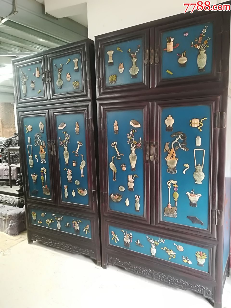 古董古玩老家具紫檀镶嵌玉石顶箱柜-其他木艺家具-7788收藏__收藏热线