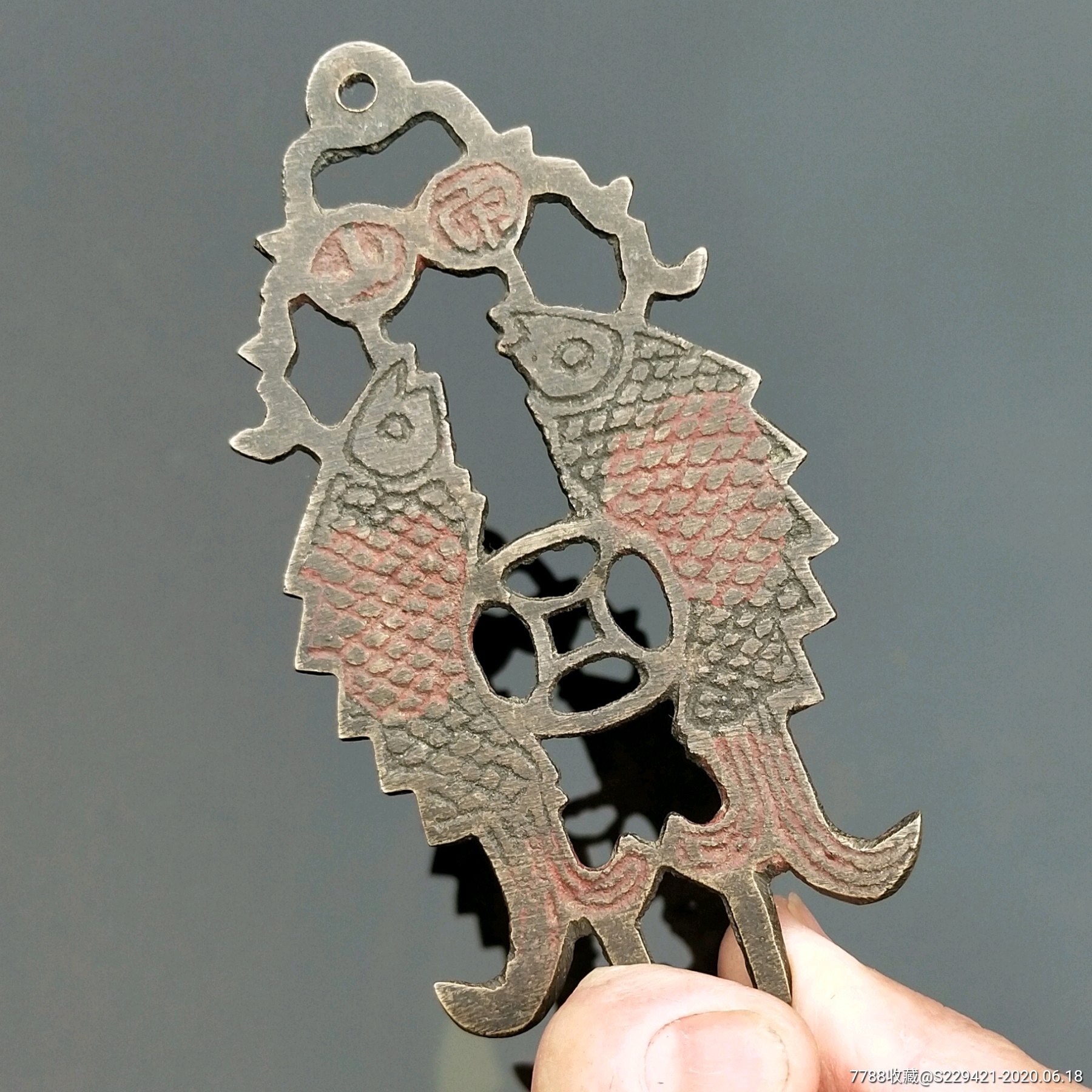 清代铜镂空雕双鱼帐钩配饰车挂件