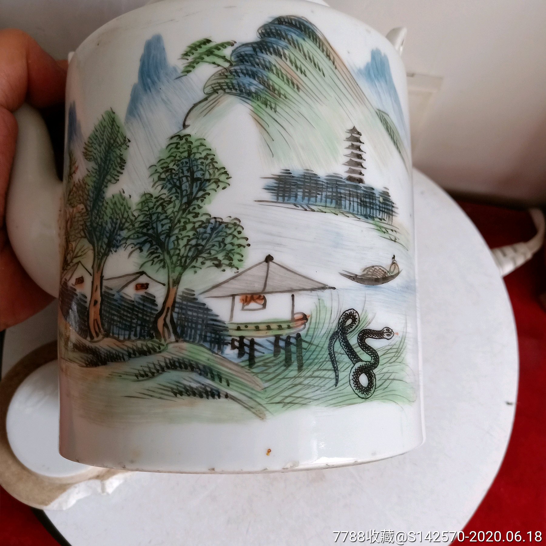 民国名家江鸿源作品浅绛彩山水猴蛇提梁壶口和盖磕余全品如图保老保真