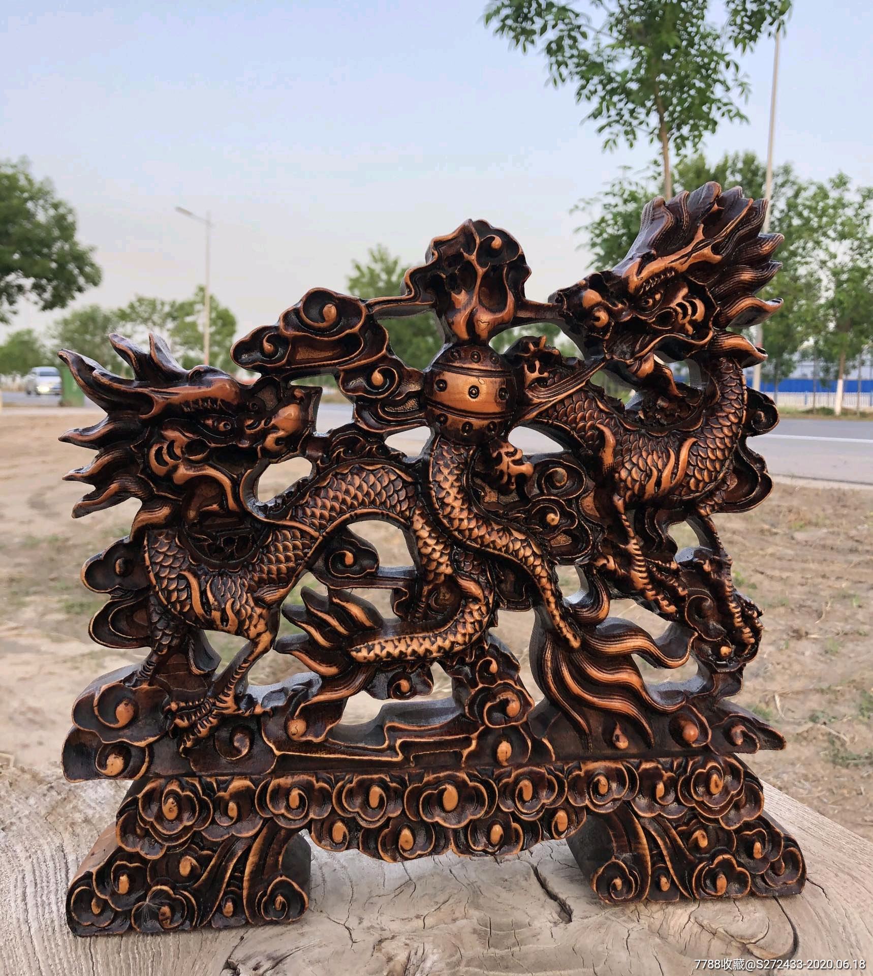 民国黄杨木摆件,二龙戏珠,无修补,全品-木雕摆件-7788徽章收藏