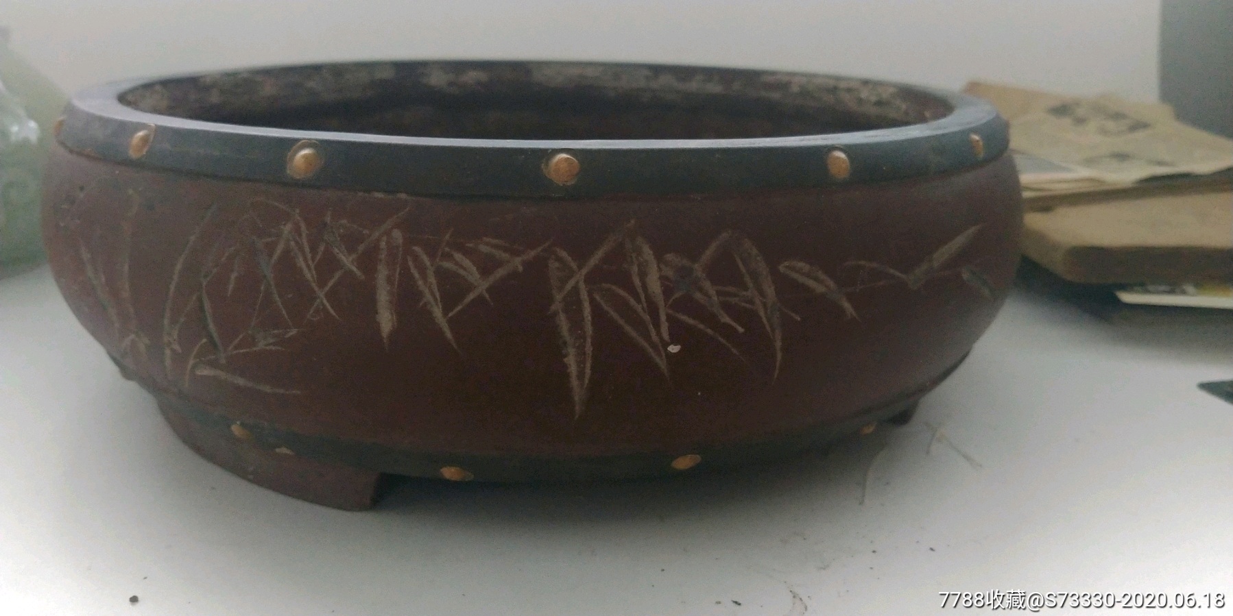 70-80年代老花盆,名家叶生刻紫砂鼓钉花盆