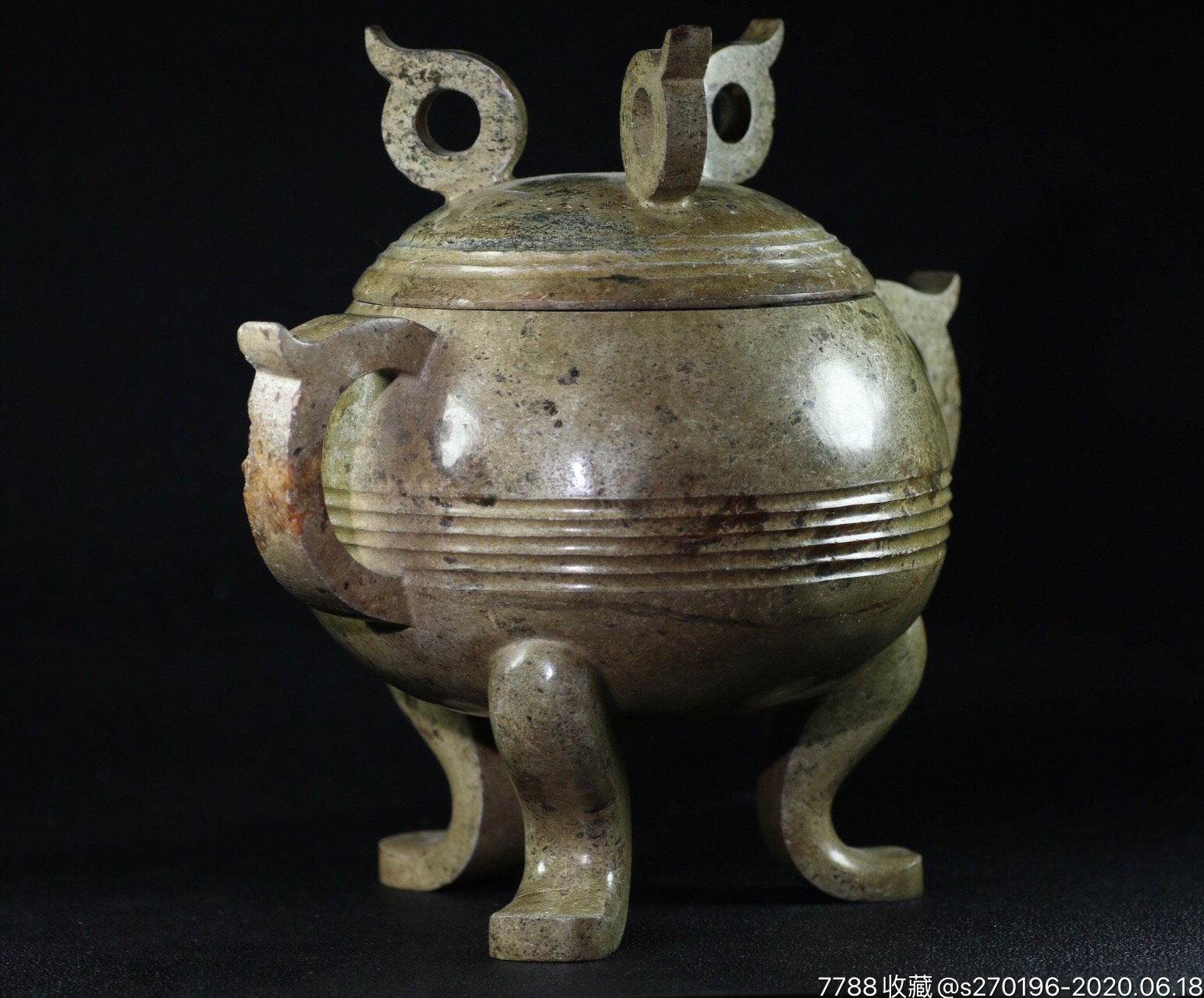 旧藏高古商周和田玉器皿摆件三足鼎立炉