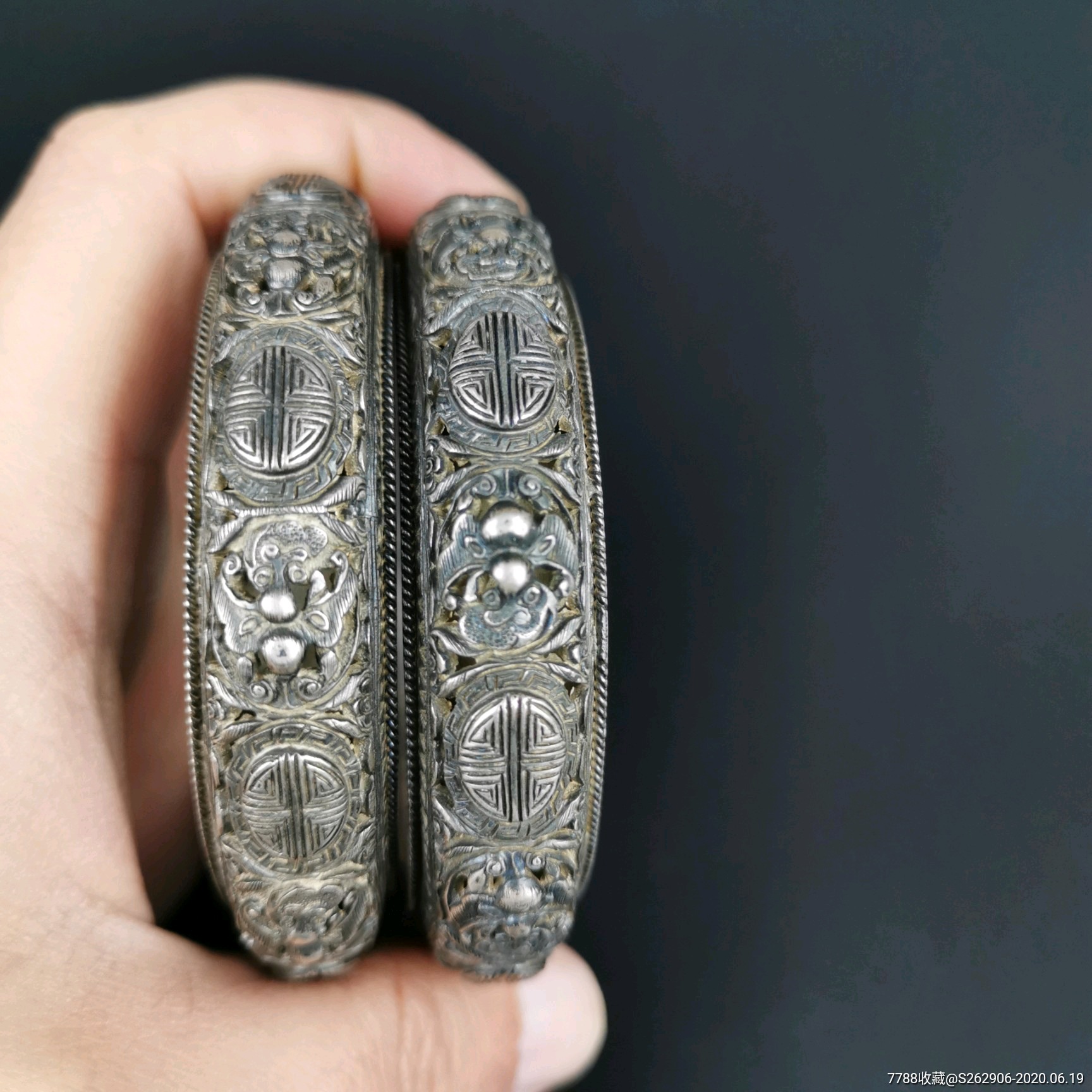 老银器纯手工錾刻纯银手镯子一对福寿平安首饰怀旧佩饰品