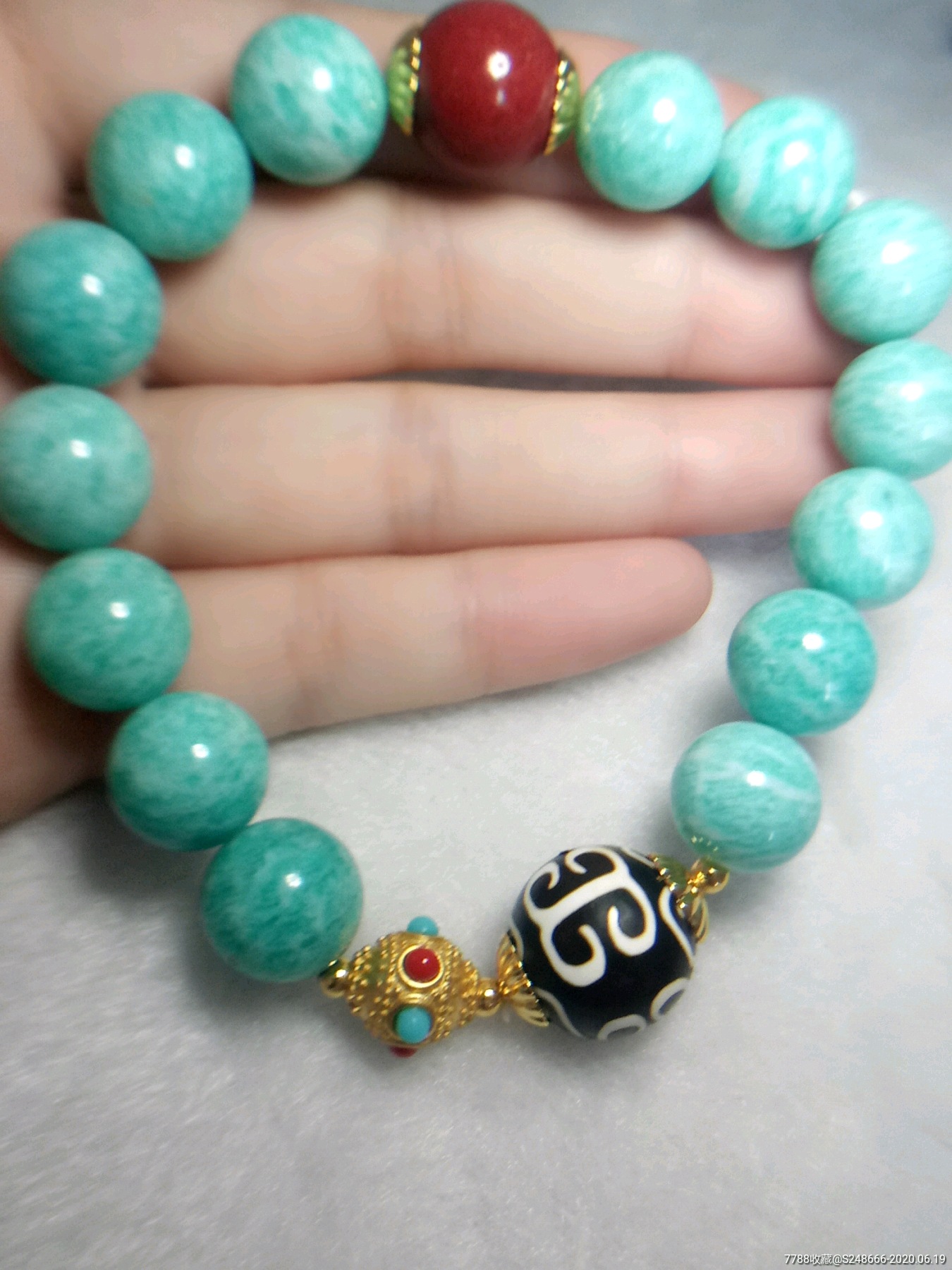 天然老矿天河石如意天珠朱砂手串