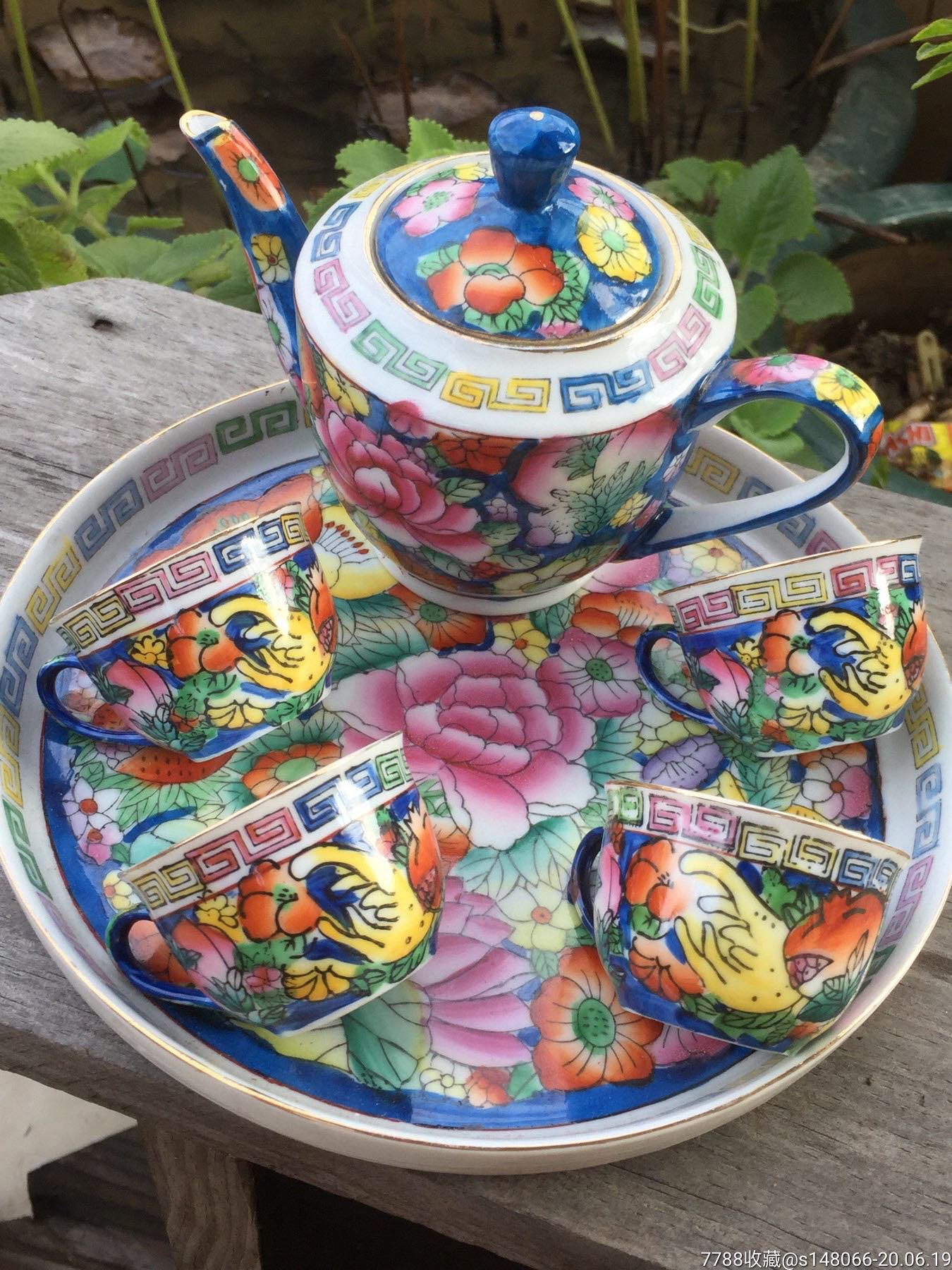 老茶具创汇时期外销瓷器蓝釉粉彩手绘描金花卉茶具特价处理