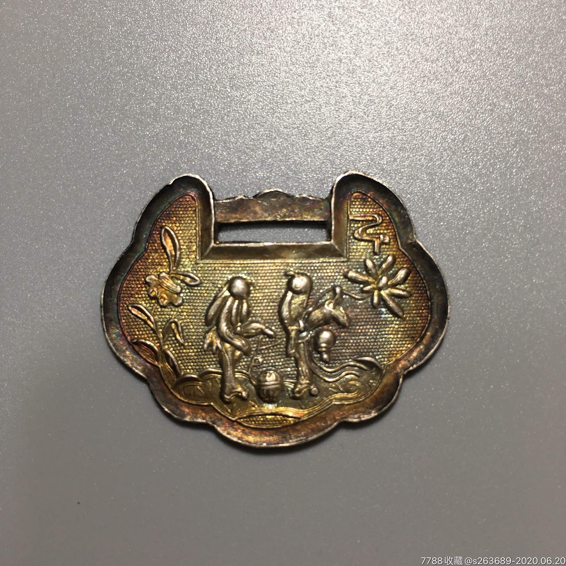 【清·银鎏金和合如意祝三多富贵锁片】-银锁/银项链-7788旧货商城