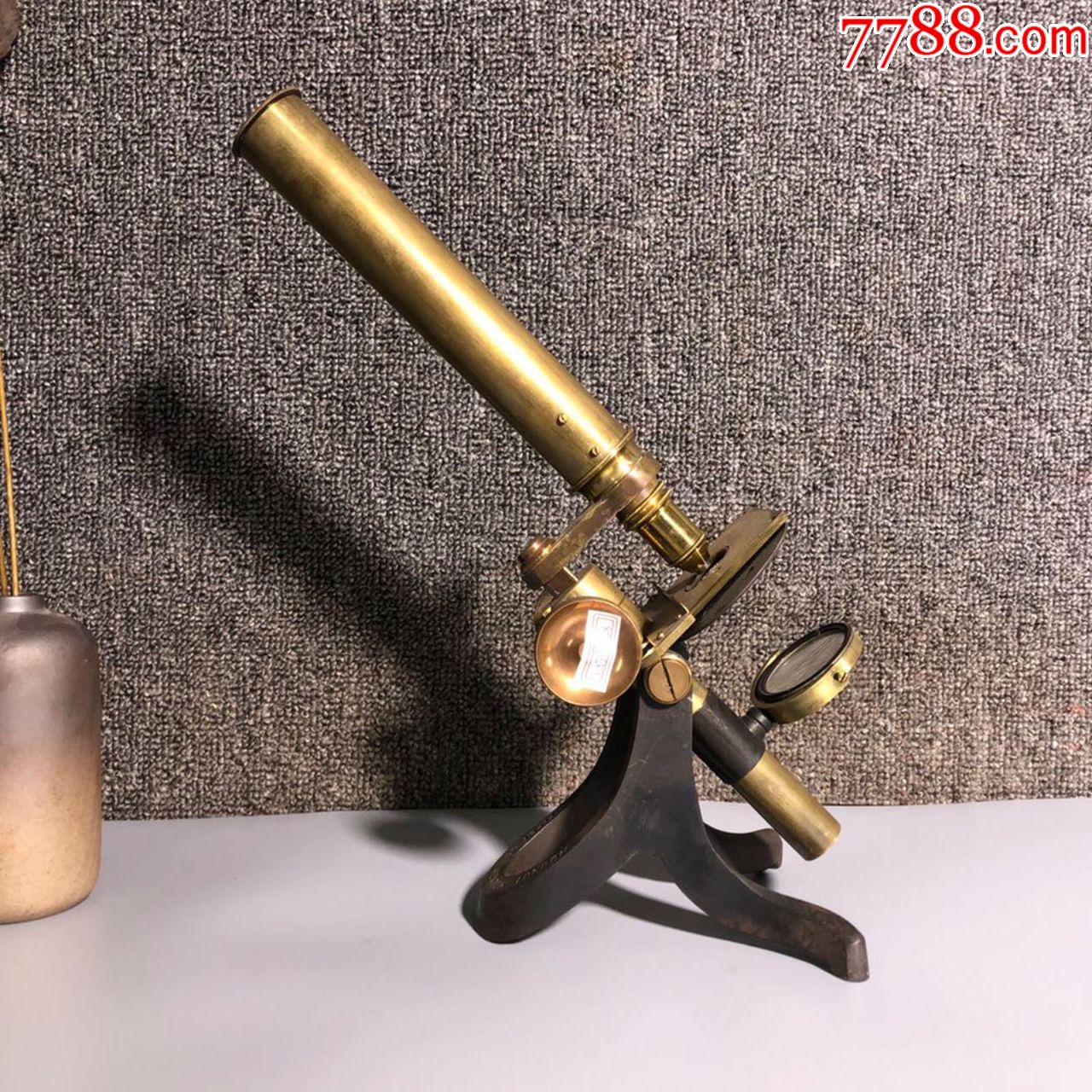 1890年西洋古董英国老式黄铜显微镜基本完整有焊接瑕疵