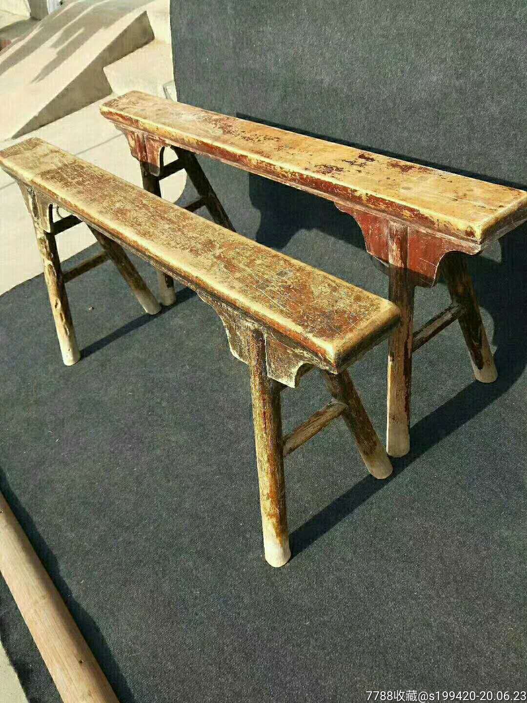 明代,老柏木条凳一对,包浆浑厚,完整无松动,全品包老