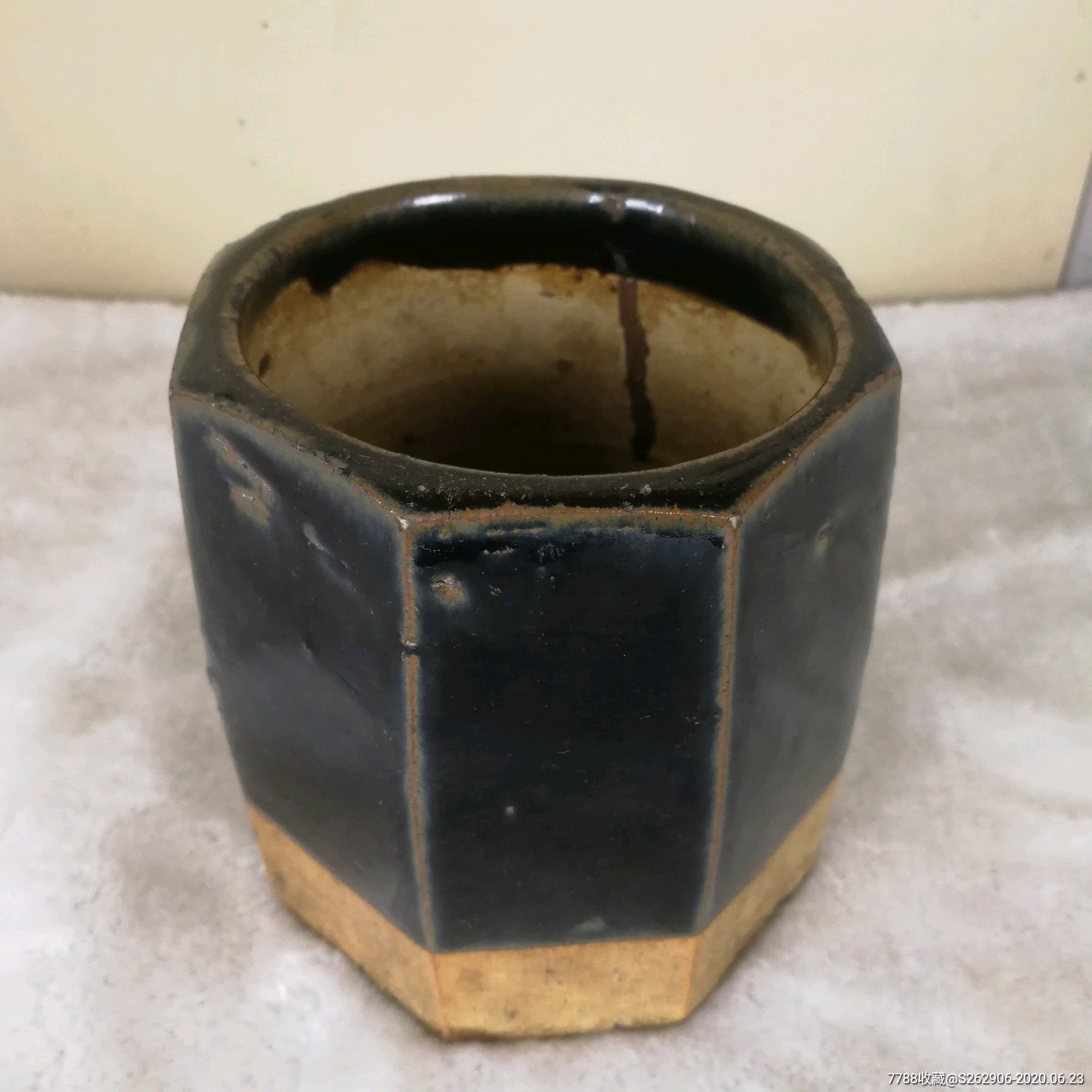 老瓷笔筒外方内圆八棱文房瓷笔筒古玩老瓷器黑釉瓷罐