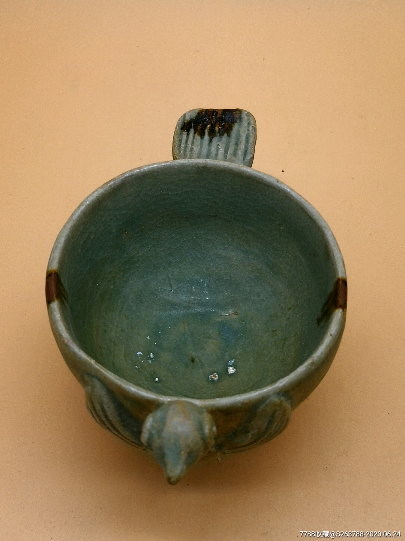 青瓷点褐色斑鸟型把杯,青瓷/秘色瓷,青黄釉,宋朝,杯,越窑_第2张_7788