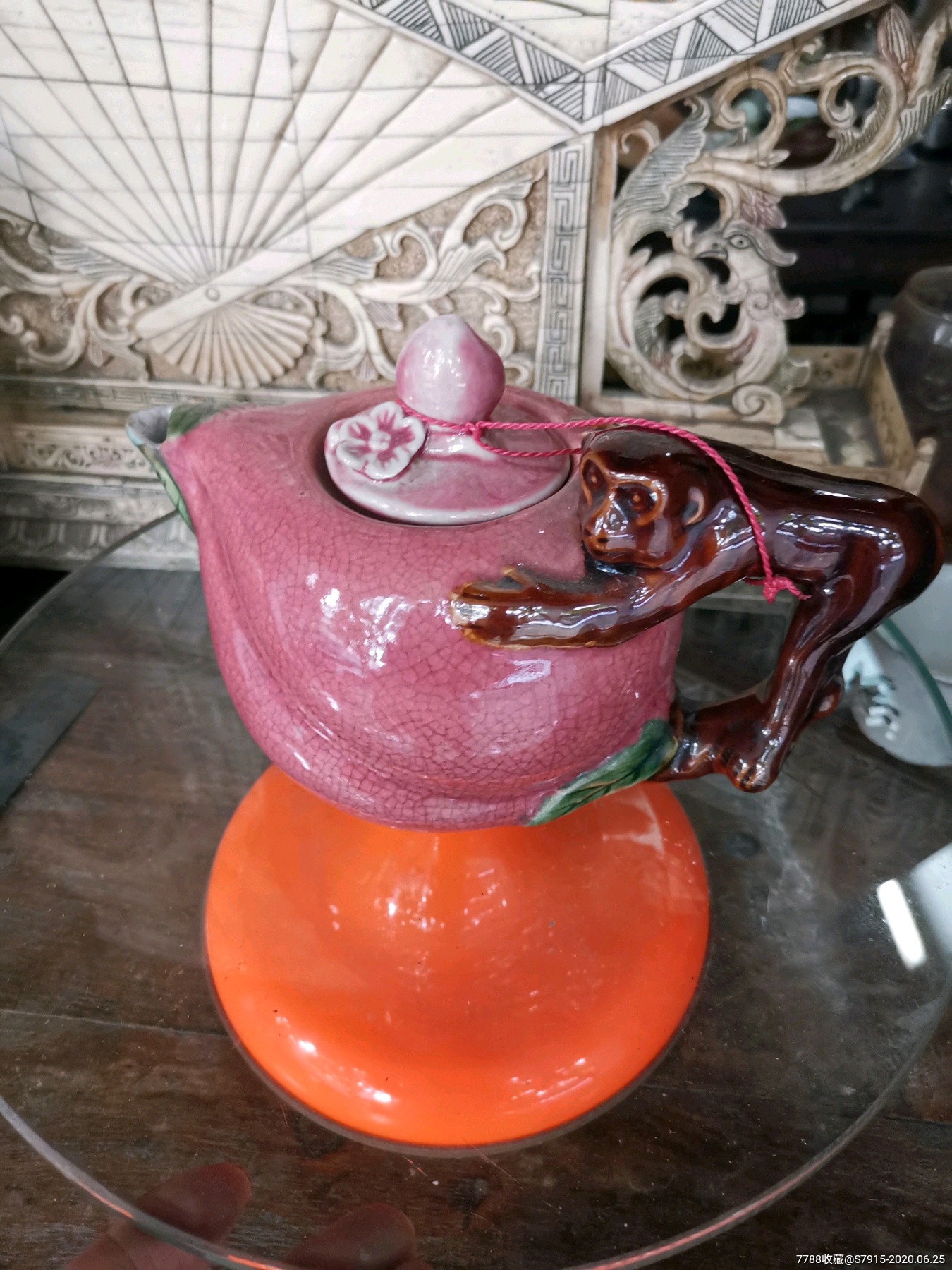 潮汕陶瓷胭脂红金猴献寿趣味茶壶