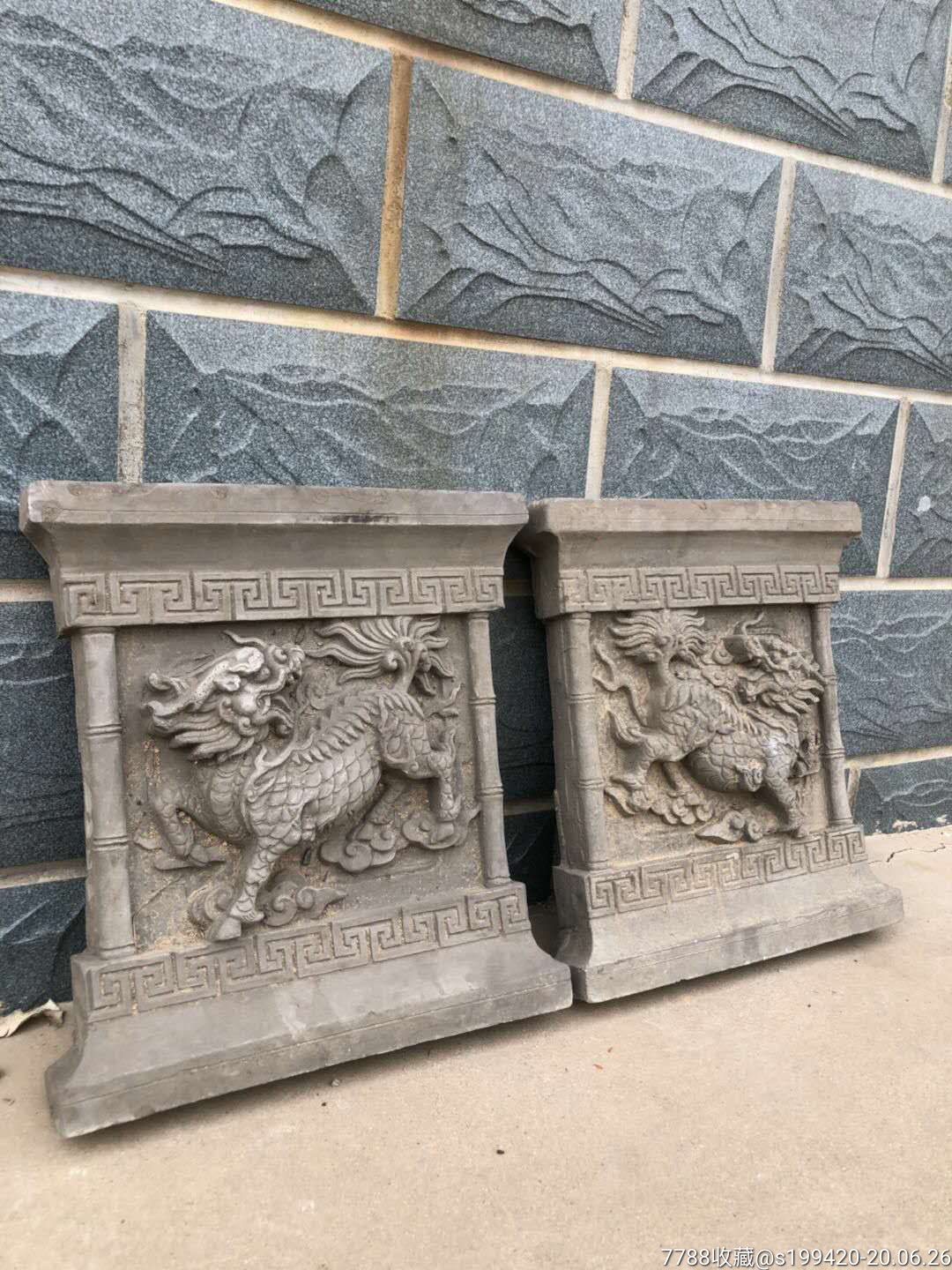 老砖雕麒麟一对高浮雕寓意好尺寸如图