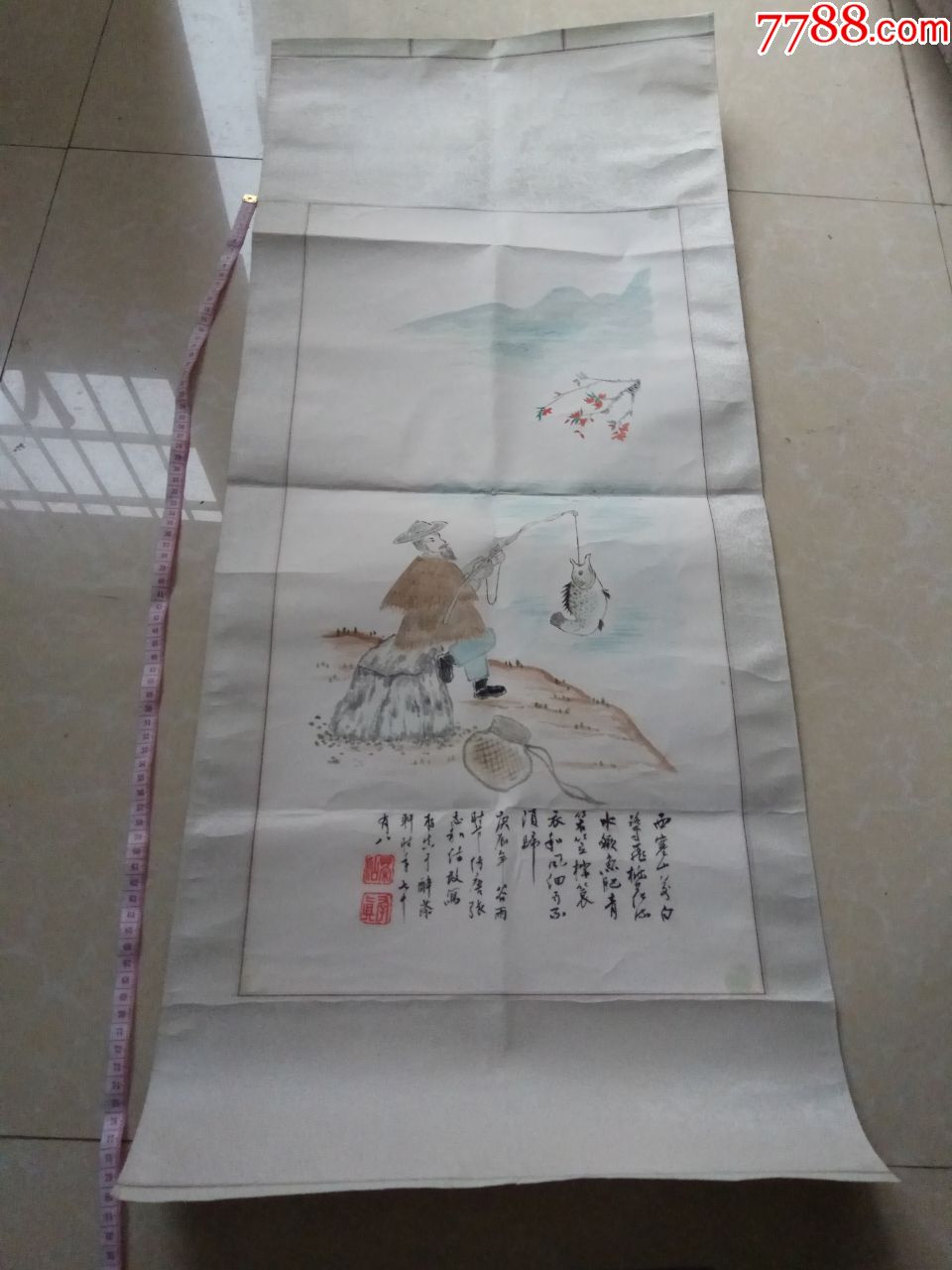 老翁钓鱼国画