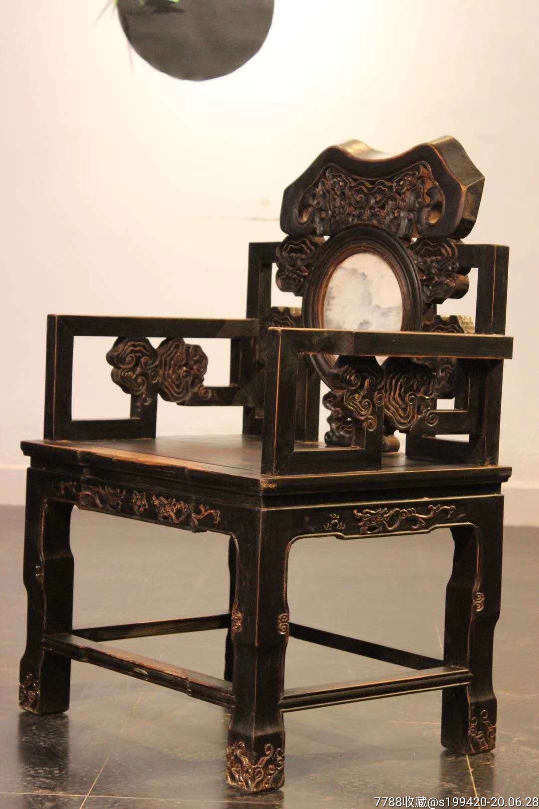 老榆木灵芝太师椅一对.镶天然大理石,美观大气.70/55/48/116.