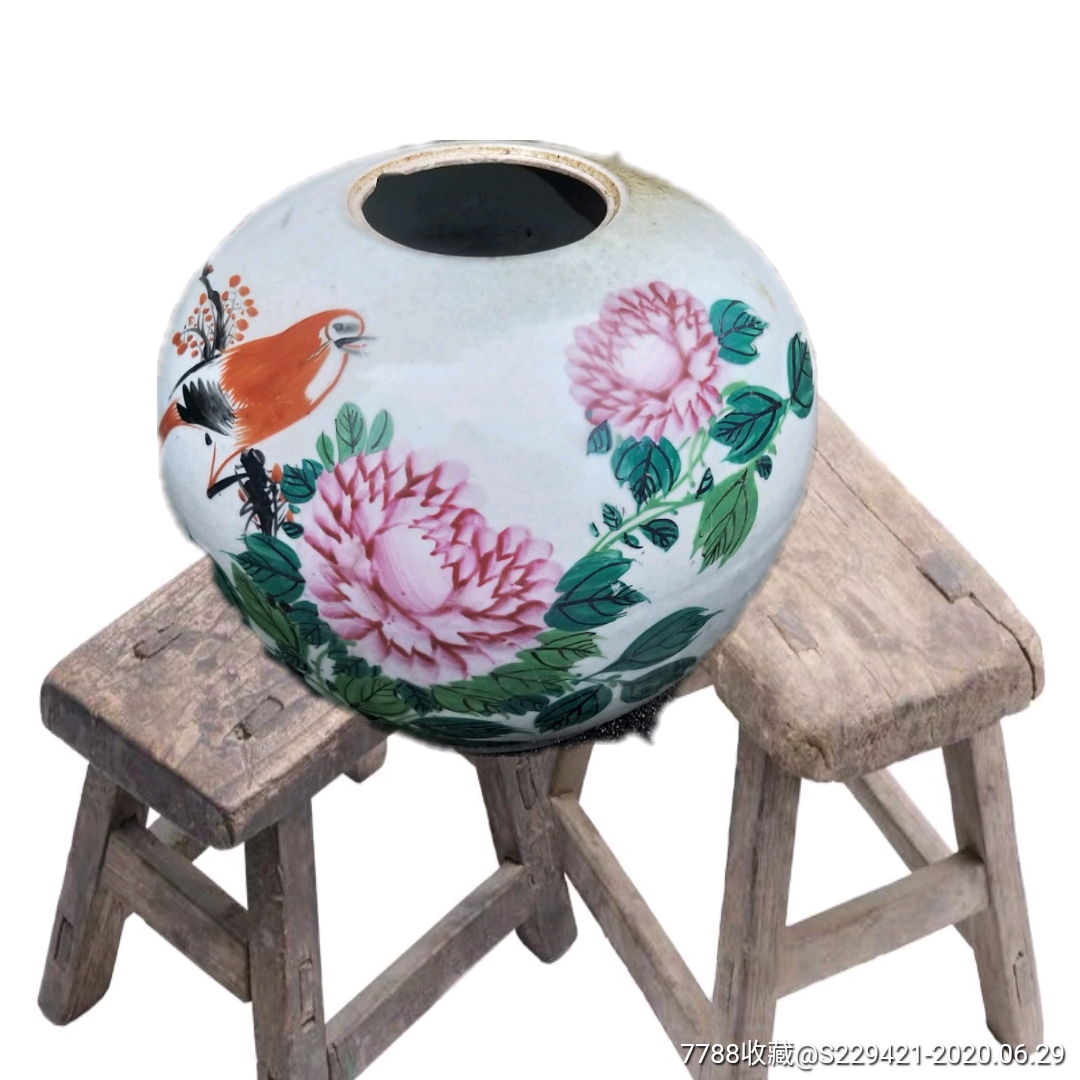 民国手工粉彩瓷罐手绘花鸟文字白瓷西瓜坛子摆件-彩绘瓷/彩瓷-7788