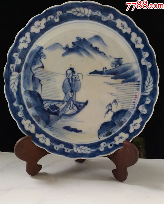 晚清渔家山水人物图青花老瓷盘装饰盘菜盘赏盘日用盘渔家盘山水盘人物
