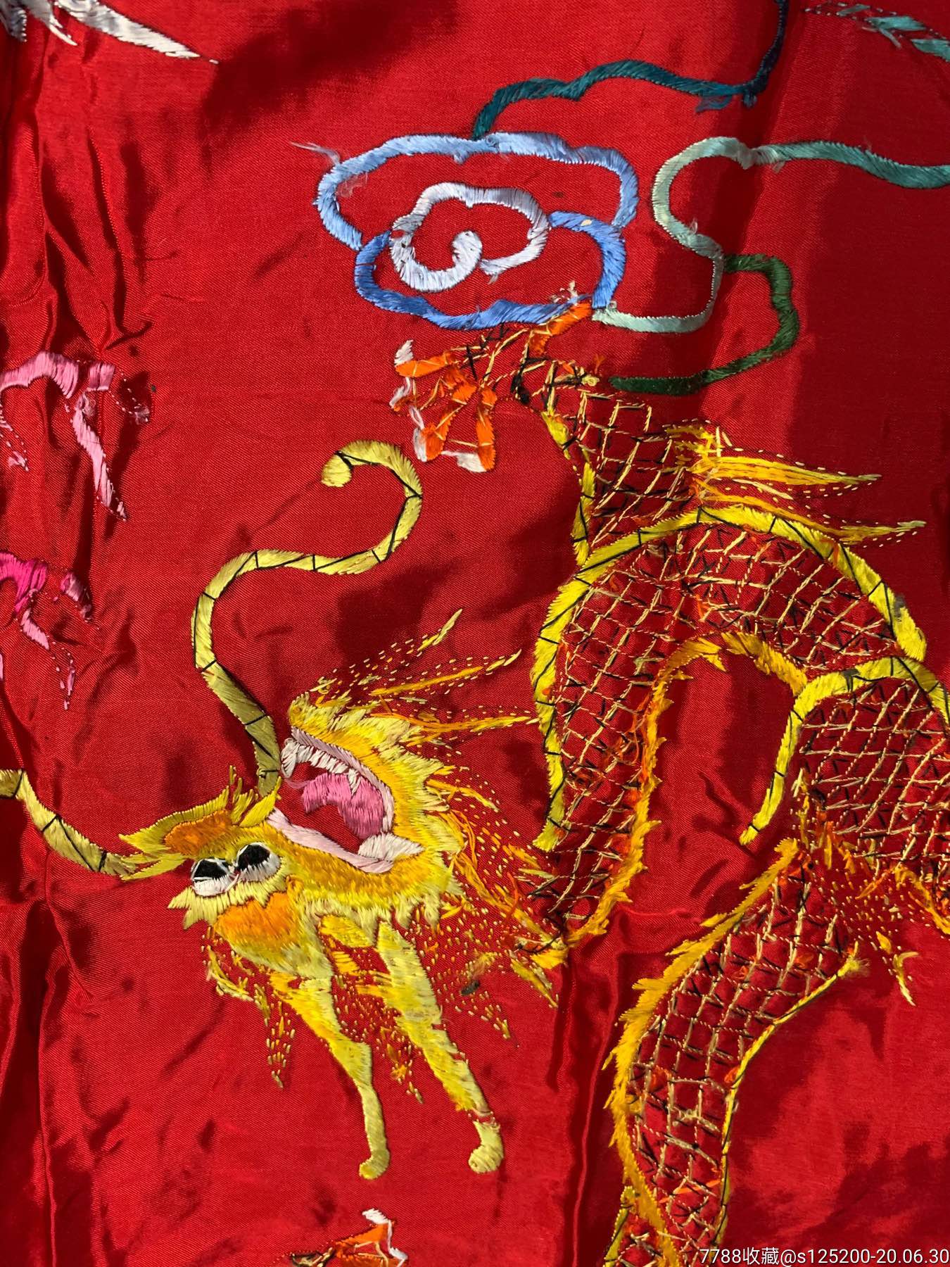 古董古玩收藏杂项近代丝绸苏秀红色绸缎龙凤双面刺绣图案床单被套被罩