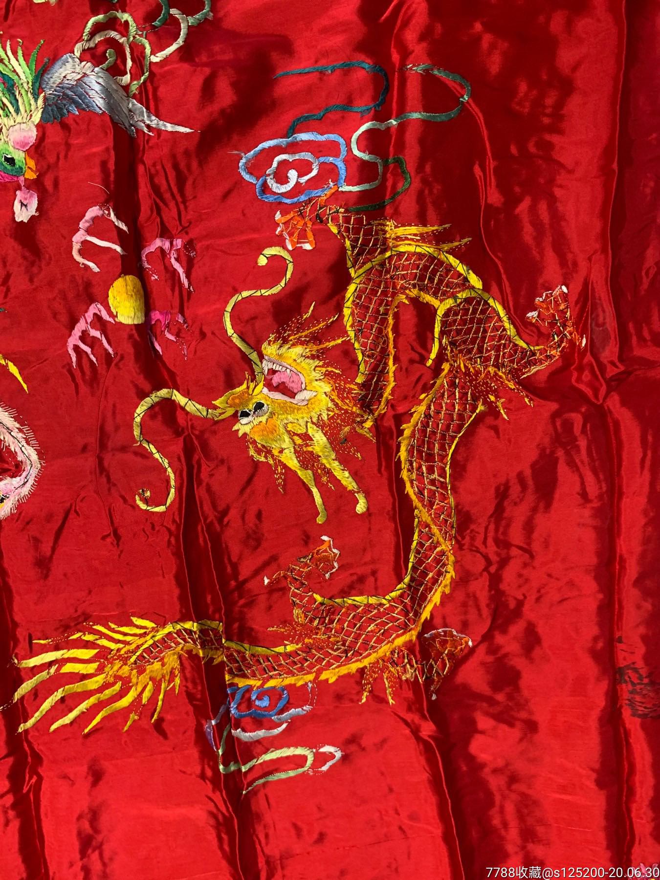 古董古玩收藏杂项近代丝绸苏秀红色绸缎龙凤双面刺绣图案床单被套被罩