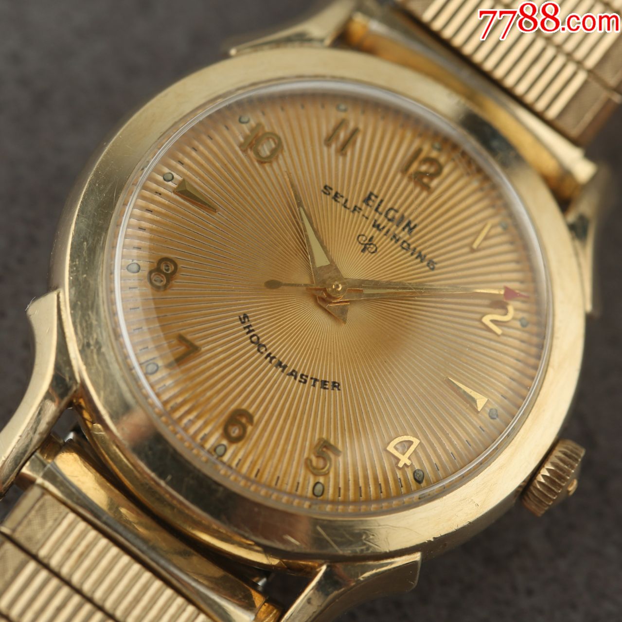 美国埃尔金古董表收藏级太阳放射纹金棕色盘面曲耳飞碟壳型