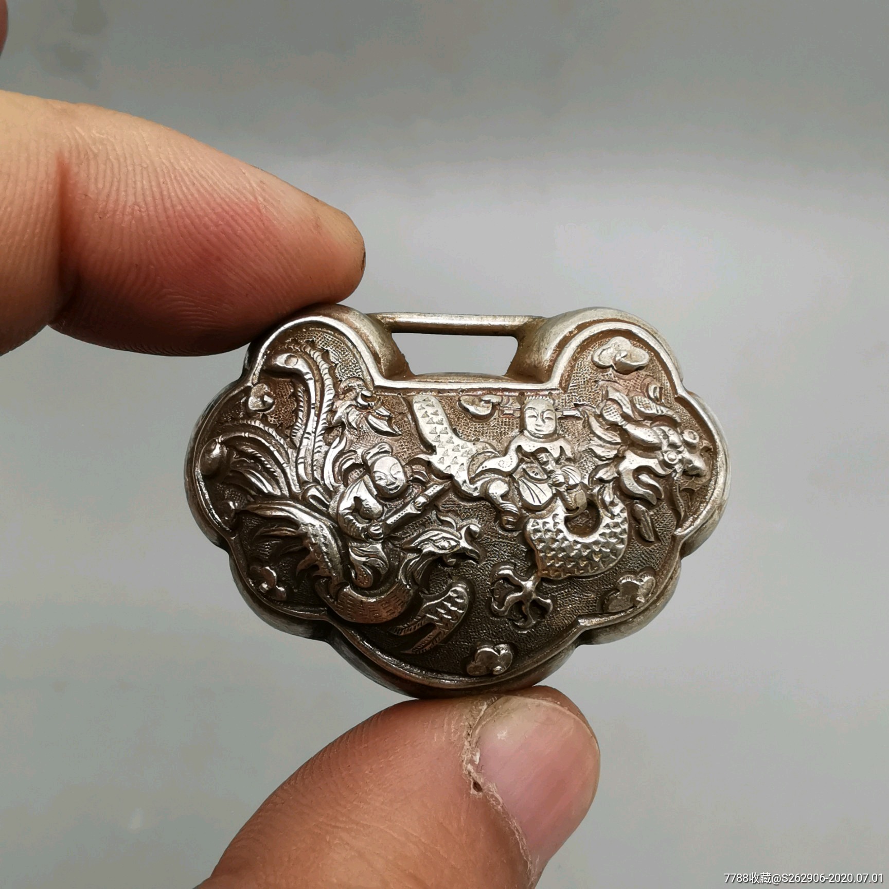 老银锁天仙送子小银锁纯手工錾刻纯银器挂饰宝宝锁麒麟送子锁