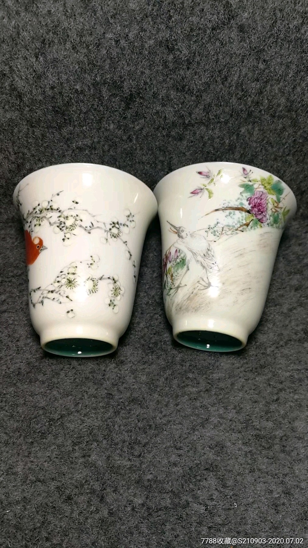 晚清俞子明浅降彩花鸟杯一对
