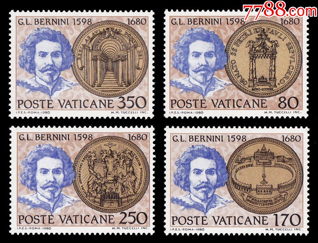 1980年梵蒂冈意大利雕刻家建筑师画家设计的教堂邮票4全新