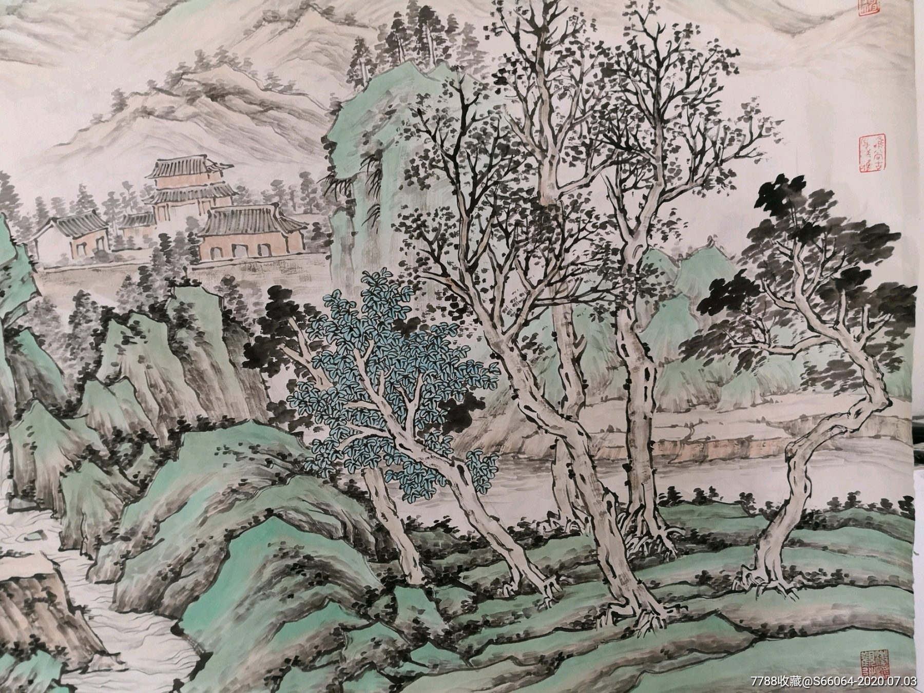 八尺横幅青绿纯手绘山水画