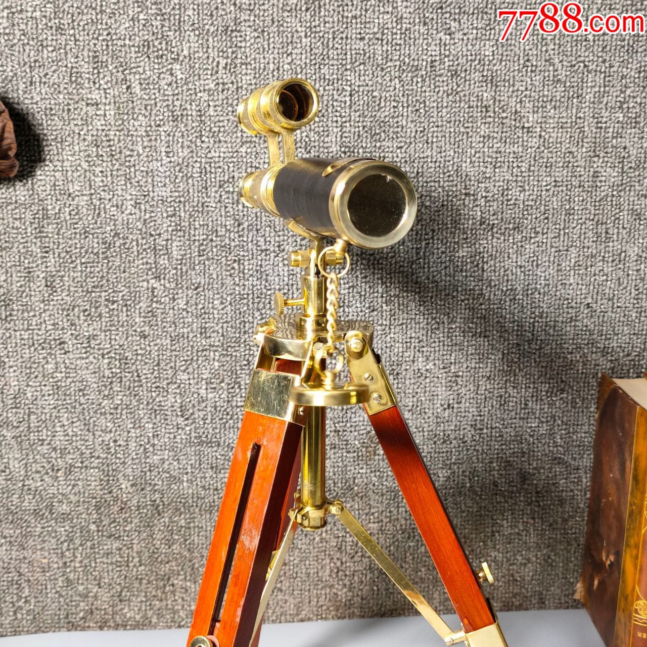 复古怀旧老式印度带木脚架黄铜望远镜单筒科普摆件软装礼品可用
