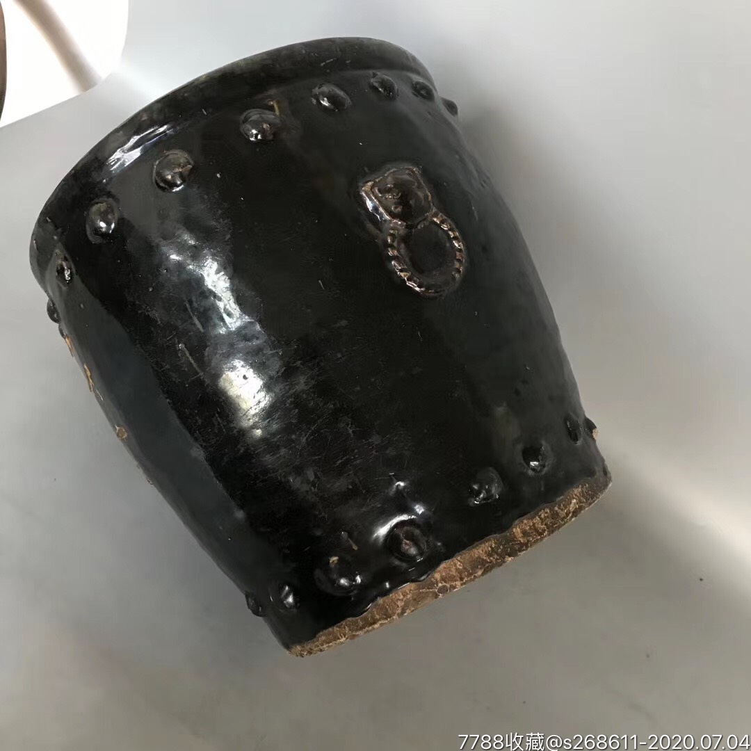 明代老黑釉带虎头卷缸