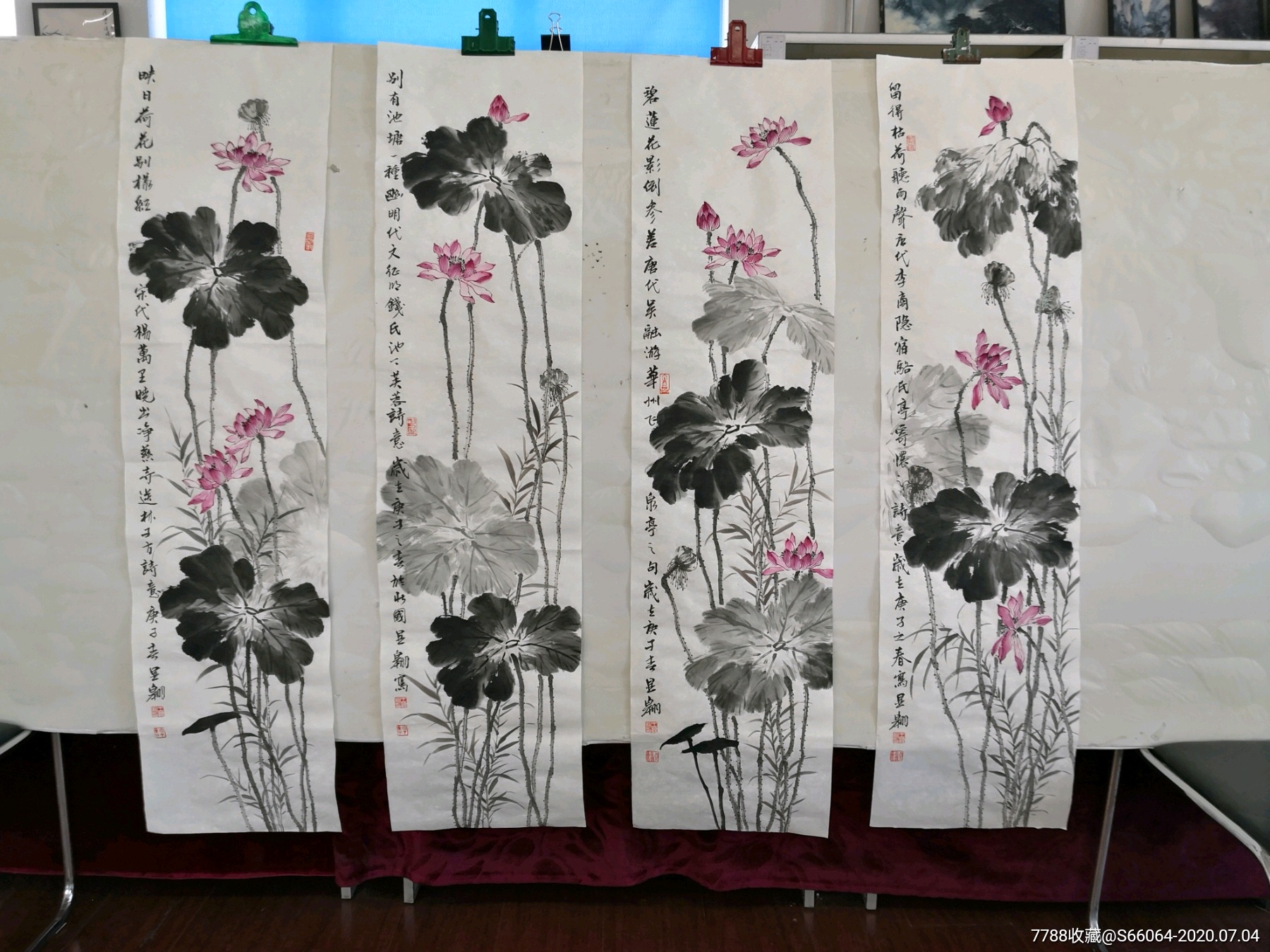 四尺条水墨荷花四条屏_花鸟国画原作_山水间画廊【7788收藏__收藏热线