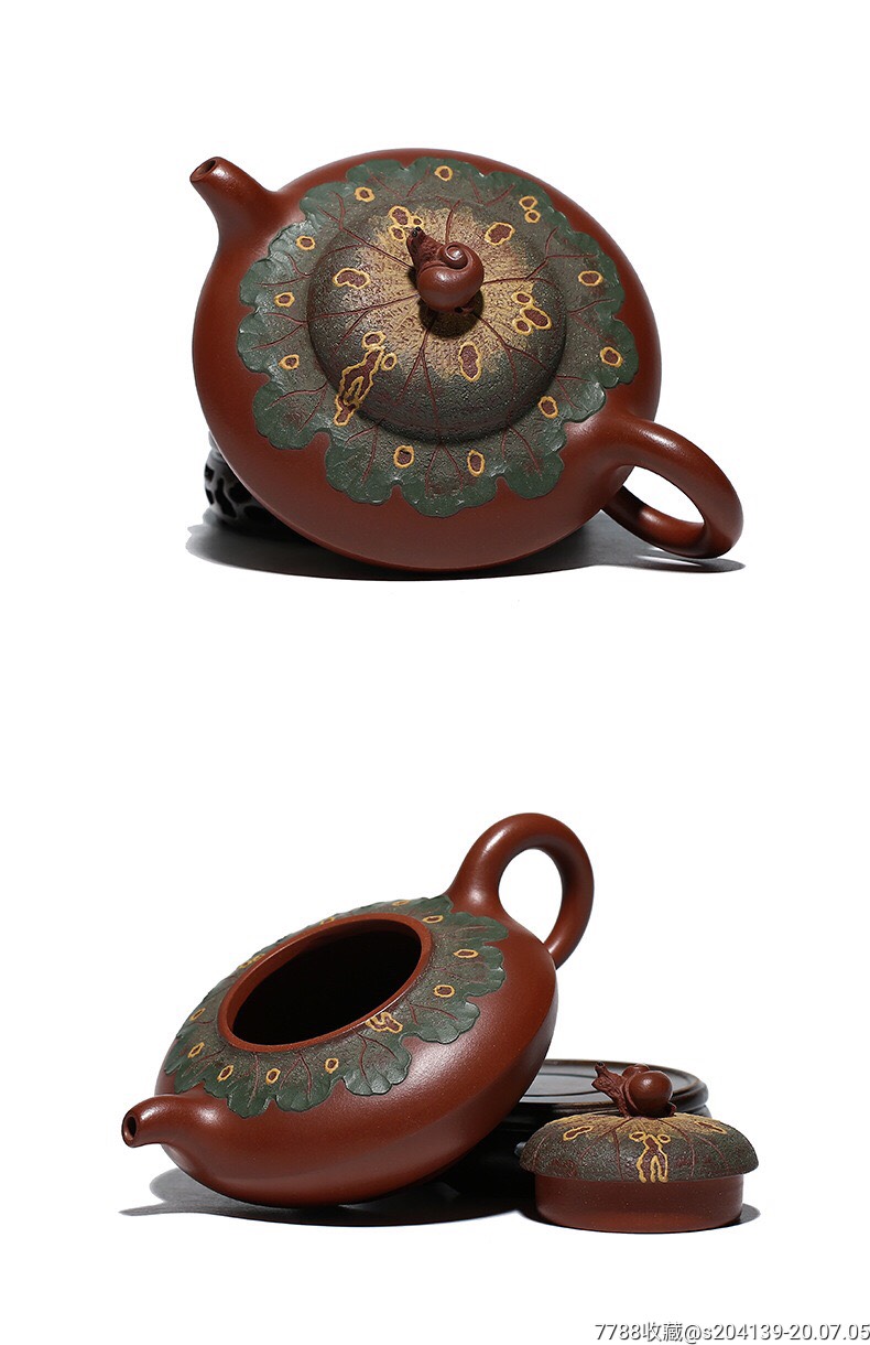 紫砂壶蜗牛合欢壶曹志刚手工堆绘荷叶茶壶