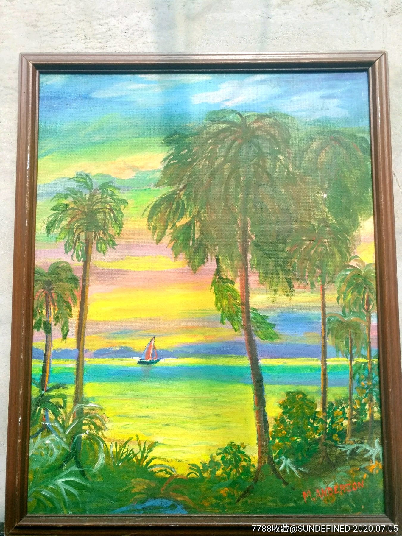 国外风景油画有英文款椰子树海景