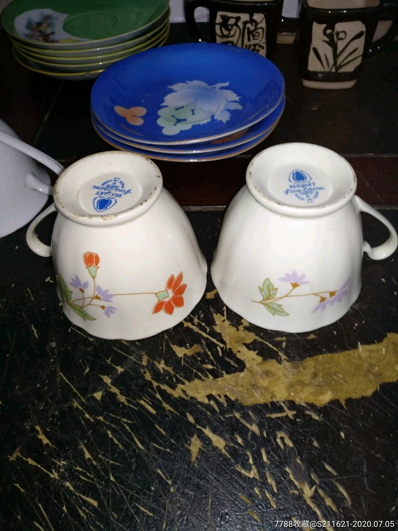 七十年代蓝春蕾茶杯一对