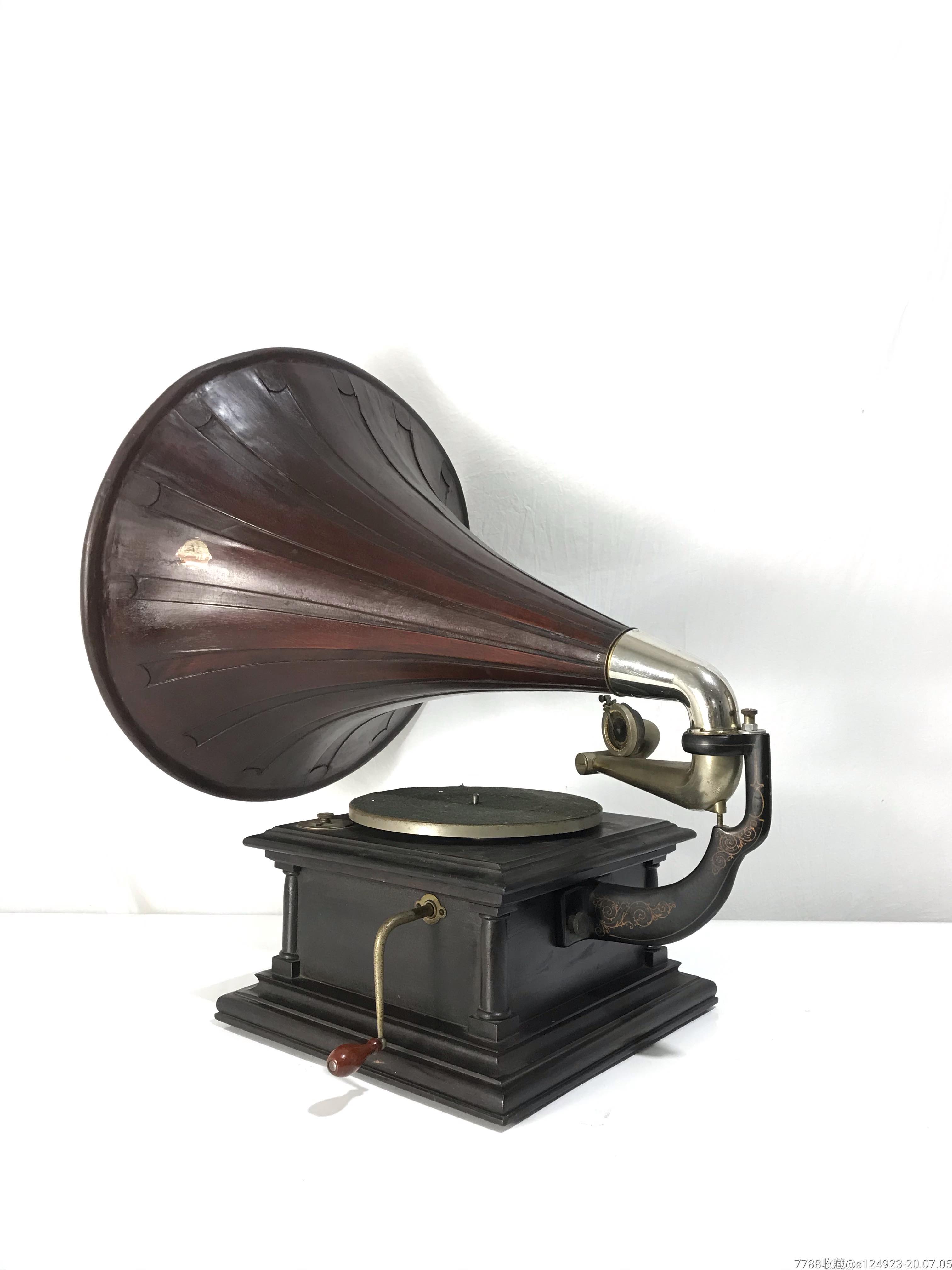 1906年古董美国胜利victor4型狗牌桃花心木大喇叭手摇留声机唱机