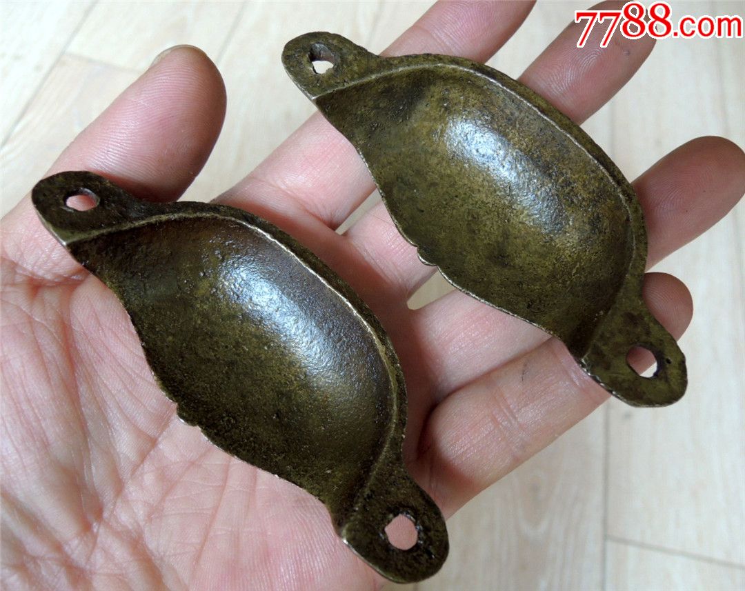 怀旧收藏2007-清末民国老包浆家老家具雕花抽屉铜拉手一对100g-厚