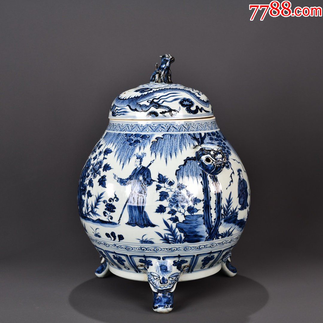 元青花西厢记人物三足兽耳熏炉