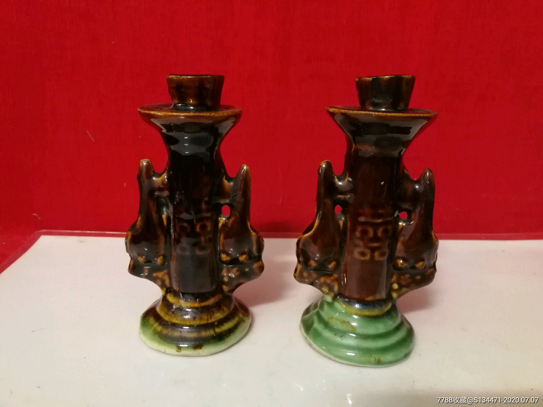 老烛台蜡台酱釉瓷摆件喜鹊喜字