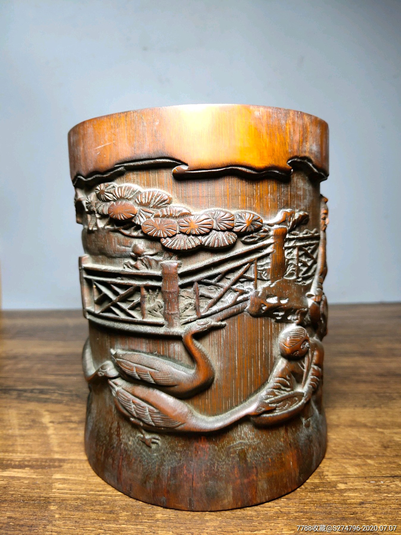 珍藏老竹雕笔筒老竹根纯手工雕刻【羲之爱鹅】书房笔筒摆件文房用品