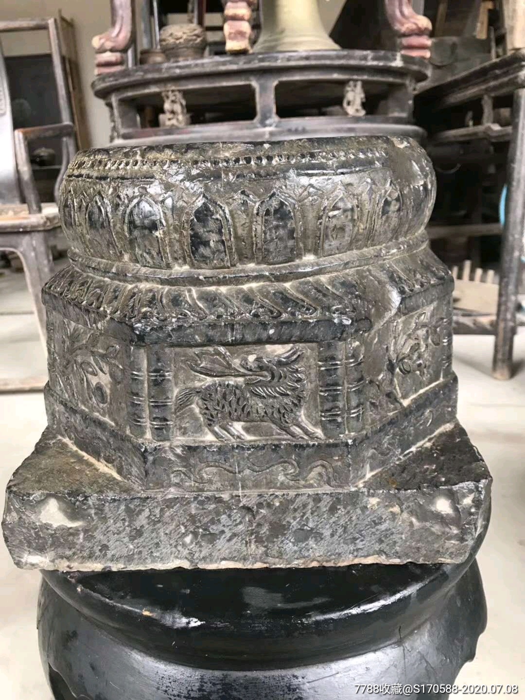 清中期上下莲花满工青石柱墩单身包老