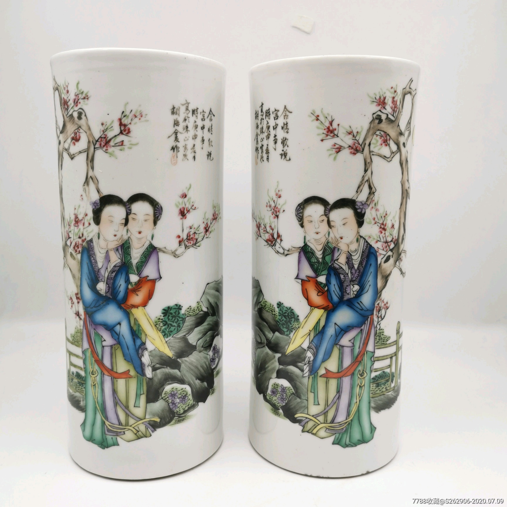 民国人物帽筒一对含情欲说宫中事名家瓷帽筒