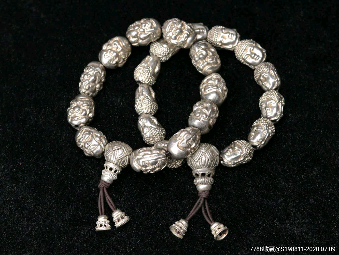清末民初佛首老银手串手链一对,空心打孔纯手工雕刻制作,典雅高贵包浆