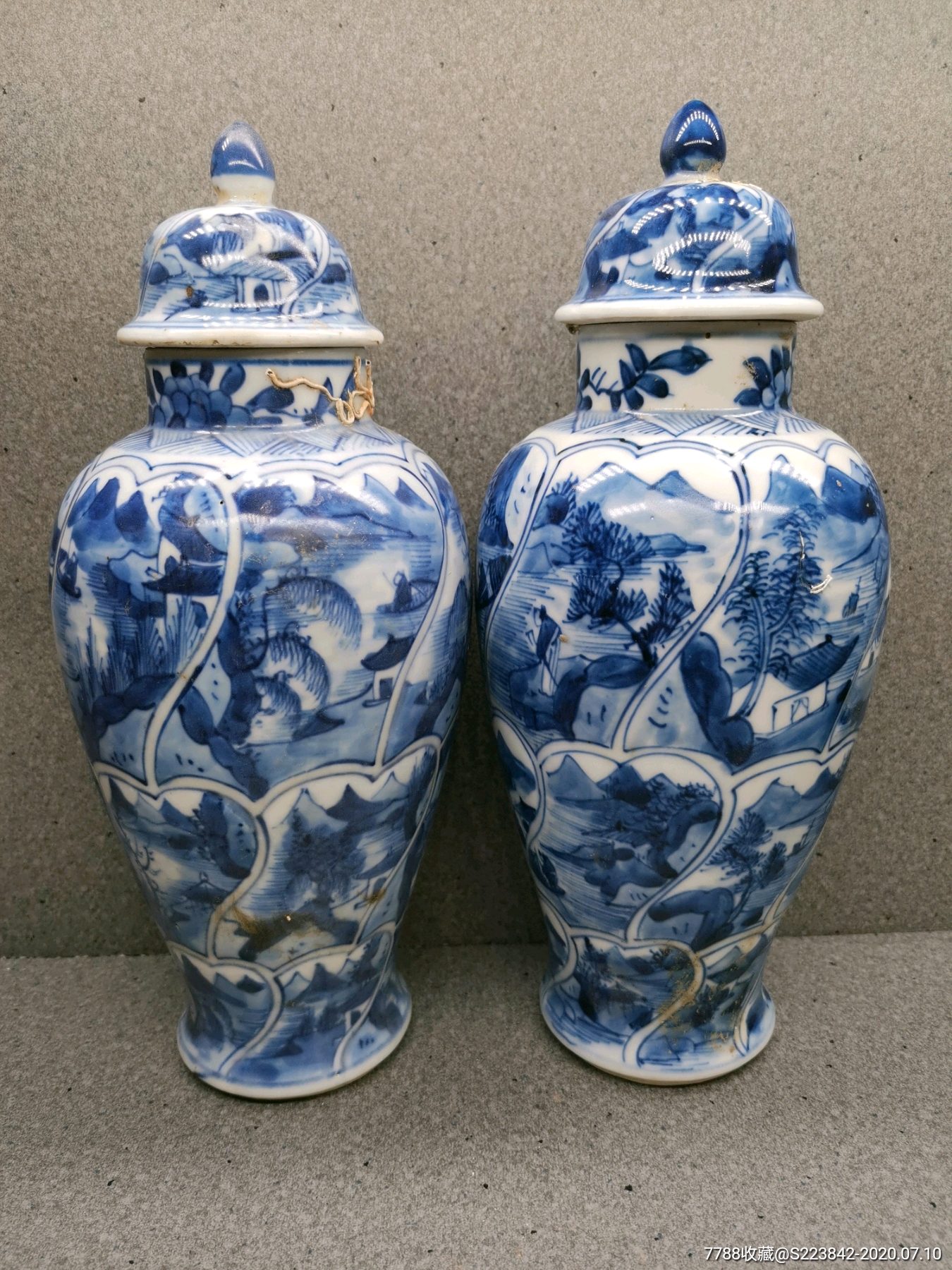 越南海捞出水清康熙青花山水将军罐一对
