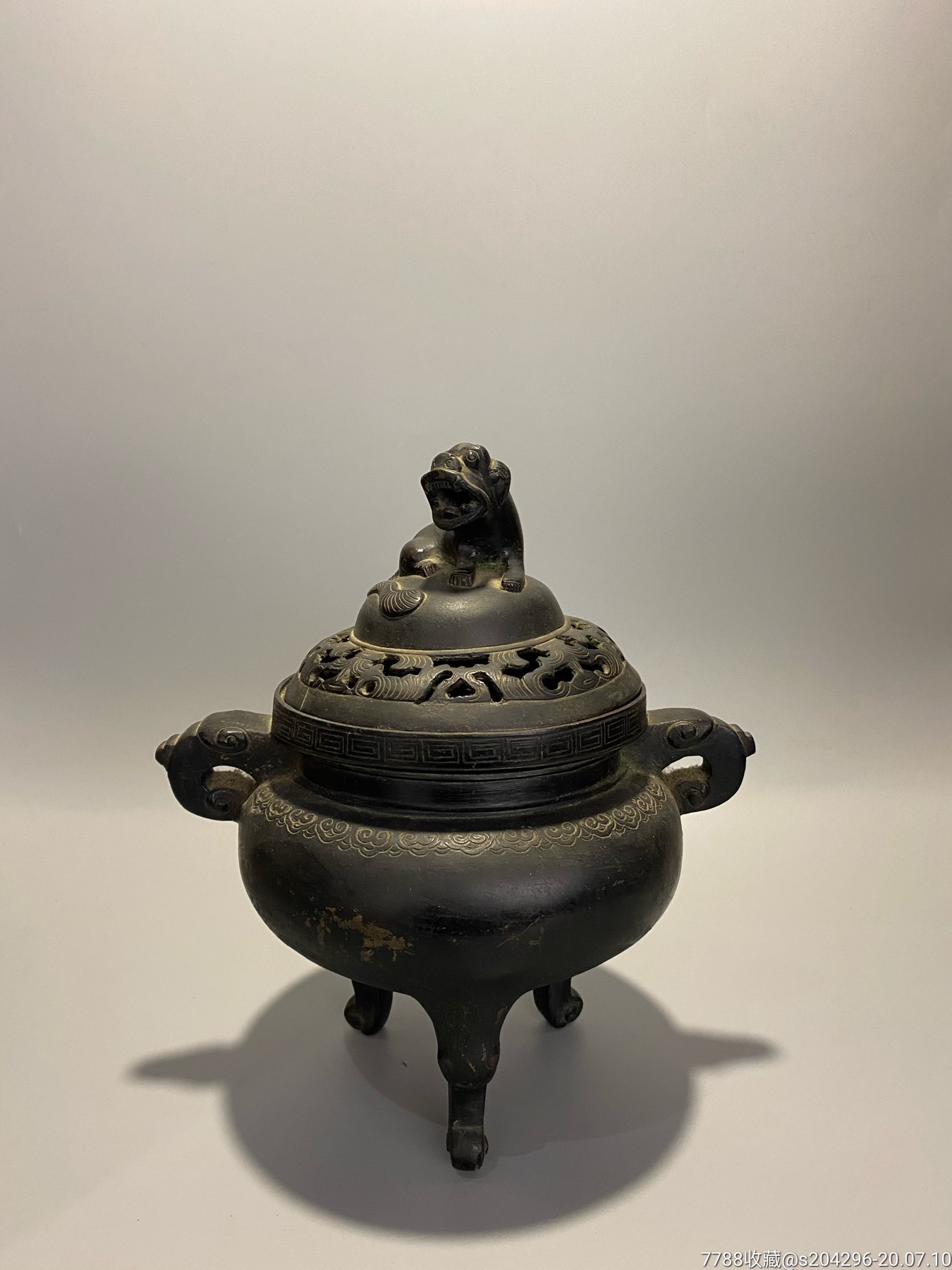 清代双龙耳狮子钮铜熏香炉-铜炉-7788红宝书