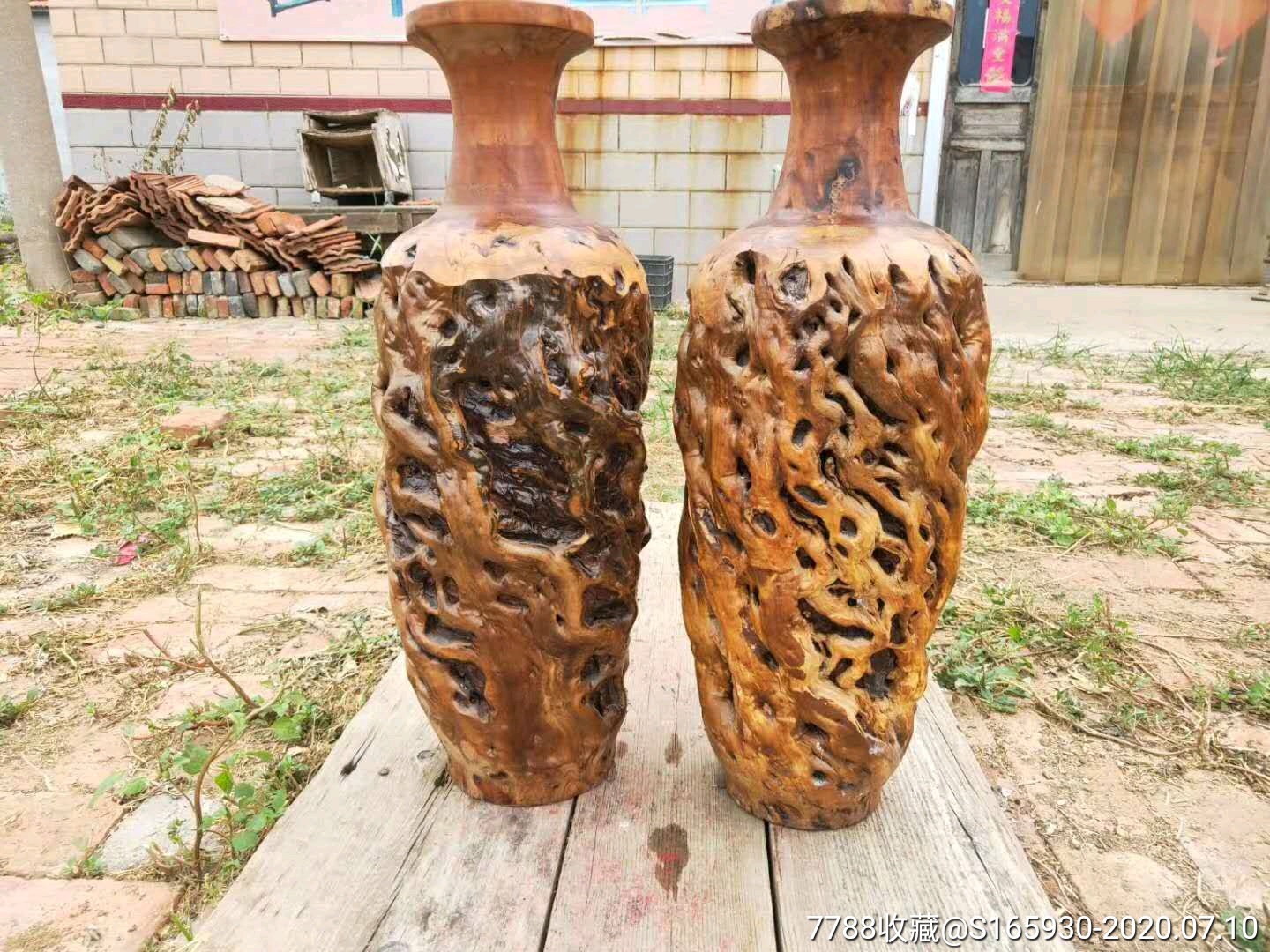 精选蛟龙纹原生,精制花瓶一对,尺寸如图,装饰收藏佳品_其他根雕/木雕